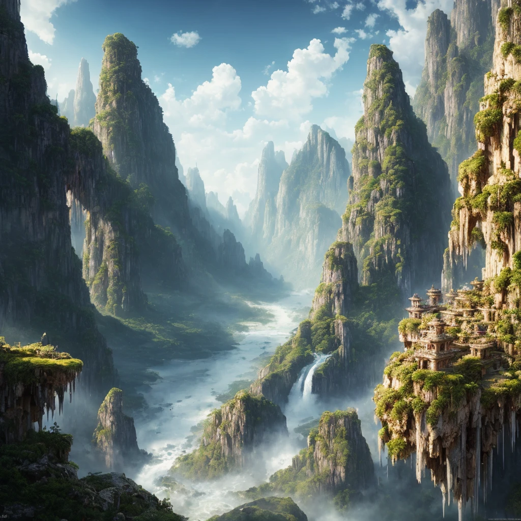 (((masterpiece))), best quality, high quality, extremely detailed CG unity 8k wallpaper, scenery, outdoors, sky, cloud, day, no humans, mountain, landscape, water, tree, blue sky, waterfall, cliff, nature, lake, river, cloudy sky,award winning photography, Bokeh, Depth of Field, HDR, bloom, Chromatic Aberration ,Photorealistic,extremely detailed, trending on artstation, trending on CGsociety, Intricate, High Detail, dramatic, art by midjourney, hanging gardens, lost city,