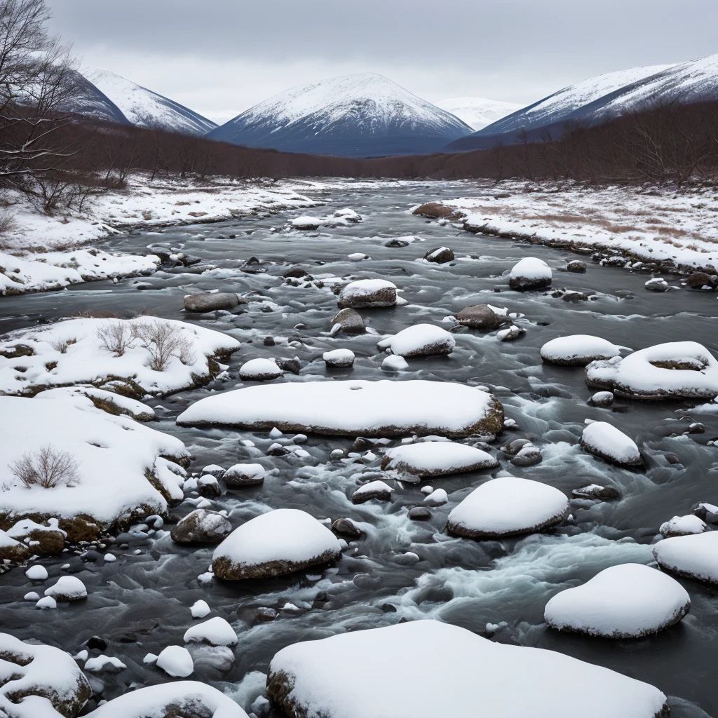 background, barren stony riverback, distant snowy hills, ice in water, cold, winter, ice, snow, deep water, wide river