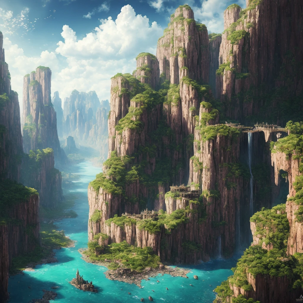 (((masterpiece))), best quality, high quality, extremely detailed CG unity 8k wallpaper, scenery, outdoors, sky, cloud, day, no humans, mountain, landscape, water, tree, blue sky, waterfall, cliff, nature, lake, river, cloudy sky,award winning photography, Bokeh, Depth of Field, HDR, bloom, Chromatic Aberration ,Photorealistic,extremely detailed, trending on artstation, trending on CGsociety, Intricate, High Detail, dramatic, art by midjourney
