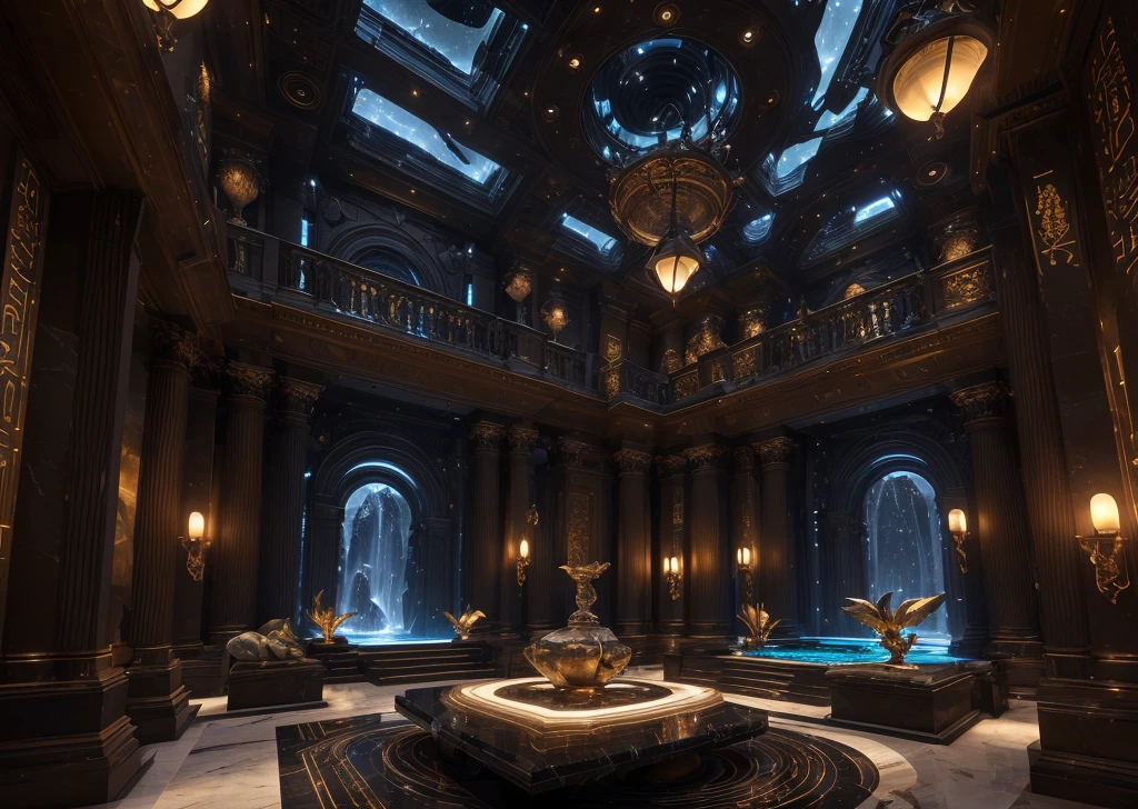An awe-inspiring, futuristic black interior in Ancient Egyptian style crafted out of precious minerals, gemstones, metals, and crystals. There are lots and lots of plants, palm trees, water, flowers, lotus flowers, succulents. There are parts of it that are pure nature with rocks, waterfalls, streams of water. There are stunning lights, rim lights, accent lights and luxurious touches throughout. Ultra-luxurious designer furniture and incredible richness of materials, finishes and colors. Gorgeous black marble, Carrara marble. Breathtaking atmosphere of unity between nature and opulent architecture. Unreal Engine, HQ, 16k