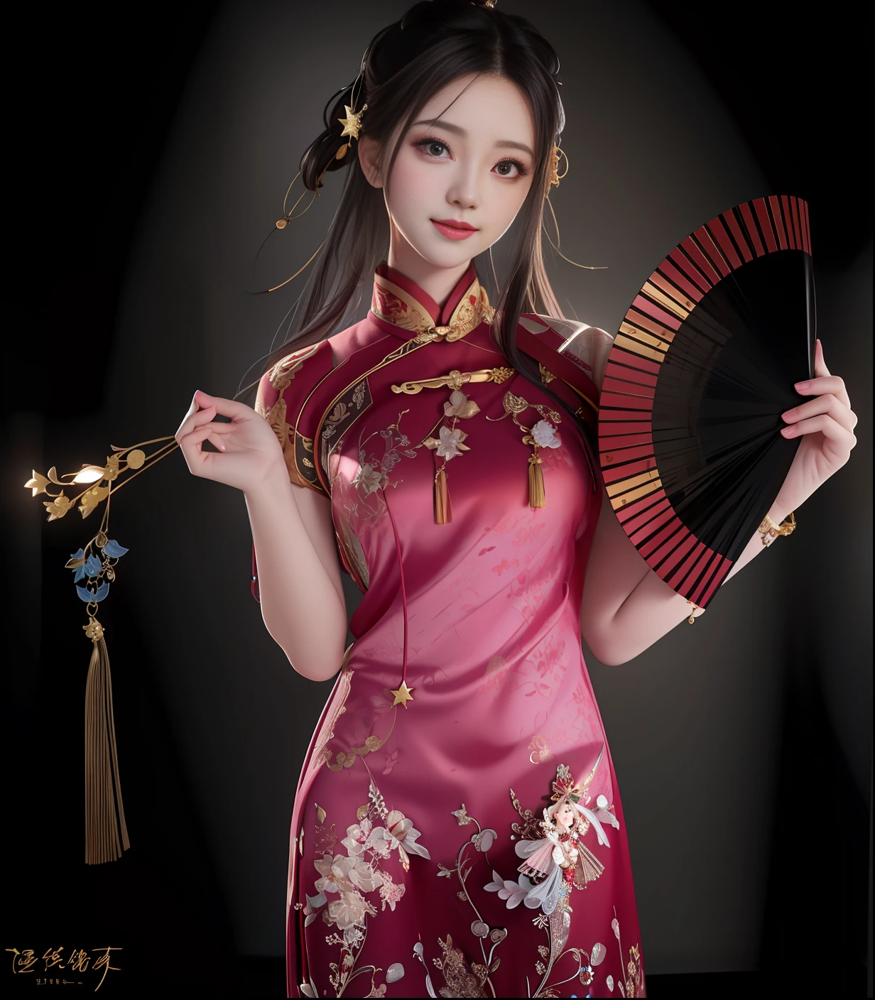 best quality, masterpiece, highres, 1girl,blush,(seductive smile:0.8),star-shaped pupils,china hanfu,hair ornament, Beautiful face,upon_body, tyndall effect,photorealistic, dark studio, rim lighting, two tone lighting,(high detailed skin:1.2), 8k uhd, dslr, soft lighting, high quality, volumetric lighting, candid, Photograph, high resolution, 4k, 8k, Bokeh,red dress