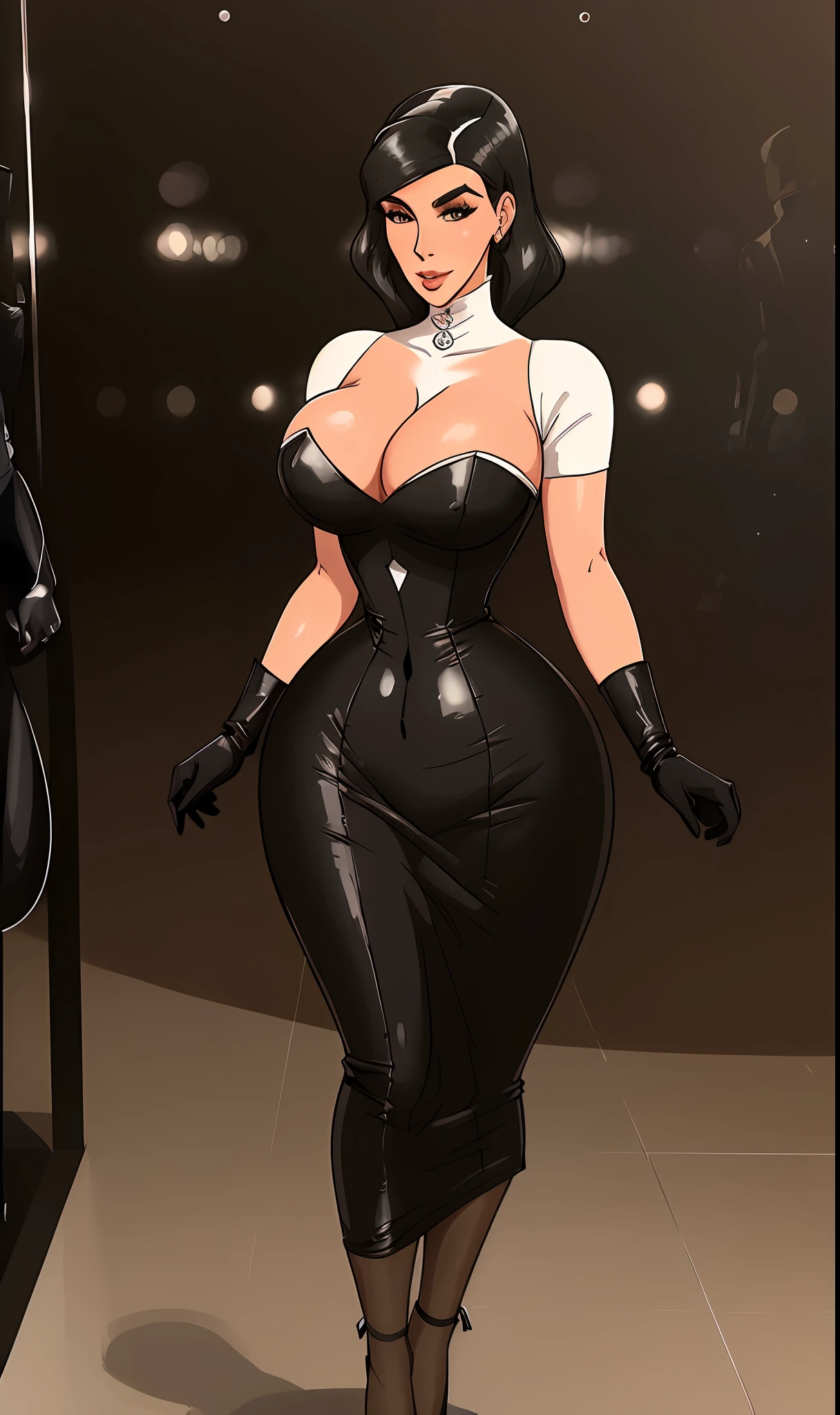 a woman in a black and white dress and gloves, tumblr, kim kardashian, 5 0 s style, official photo, benjamin vnuk, hourglass! slim figure, very realistic, very crisp details, fashion icon, very stylish, sexy look