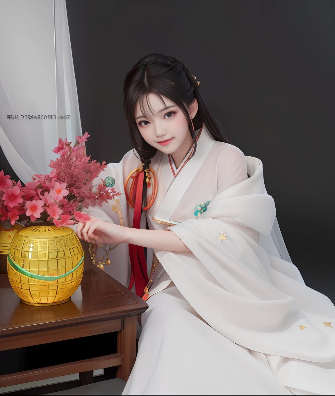 best quality, masterpiece, highres, 1girl,blush,(seductive smile:0.8),star-shaped pupils,china hanfu,hair ornament, Beautiful face,upon_body, tyndall effect,photorealistic, dark studio, rim lighting, two tone lighting,(high detailed skin:1.2), 8k uhd, dslr, soft lighting, high quality, volumetric lighting, candid, Photograph, high resolution, 4k, 8k, Bokeh