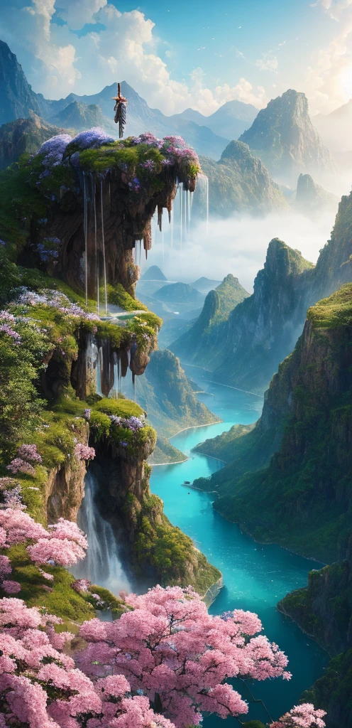 (((masterpiece))), blossoms, best quality, high quality, extremely detailed CG unity 8k wallpaper, scenery, outdoors, sky, cloud, day, mountain, landscape, water, tree, blue sky, waterfall, cliff, nature, lake, river, cloudy sky,award winning photography, Bokeh, Depth of Field, HDR, bloom, Chromatic Aberration ,Photorealistic,extremely detailed, trending on artstation, trending on CGsociety, Intricate, High Detail, dramatic, art by midjourney
