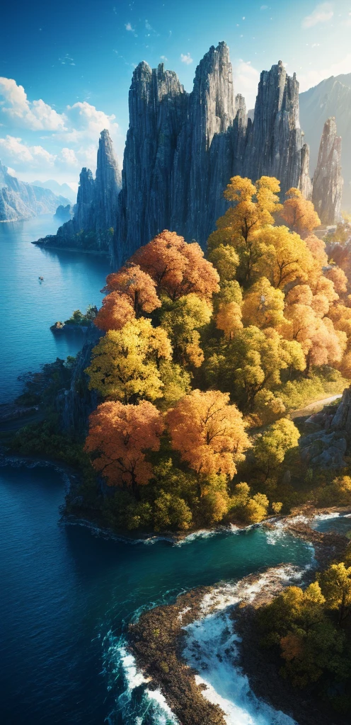 (((masterpiece))), golden hour, best quality, high quality, extremely detailed CG unity 8k wallpaper, scenery, outdoors, sky, cloud, day, no people, mountain, landscape, water, tree, blue sky, waterfall, cliff, nature, lake, river, cloudy sky,award winning photography, Bokeh, Depth of Field, HDR, bloom, Chromatic Aberration ,Photorealistic,extremely detailed, trending on artstation, trending on CGsociety, Intricate, High Detail, dramatic, art by midjourney