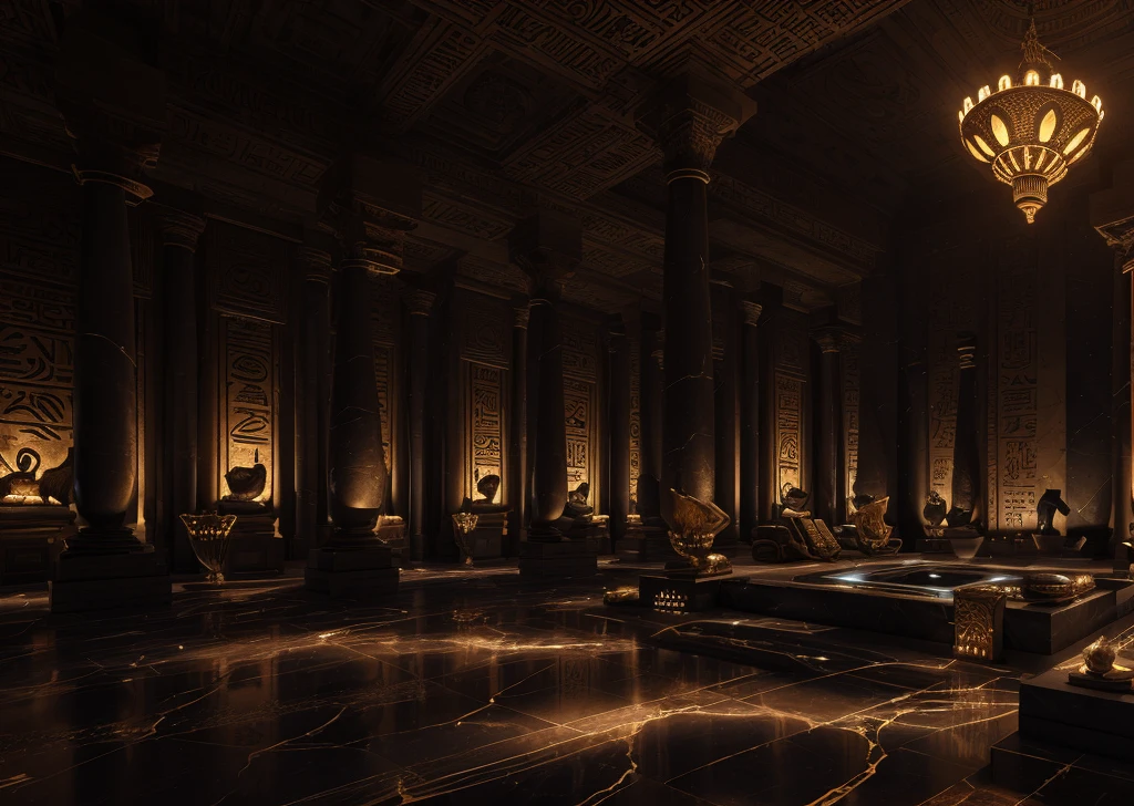 incredible luxurious futuristic dark interior in Ancient Egyptian style, with lotus flowers, palm trees, hieroglyphics, rocky walls, sand, marble, precious minerals, metals, gemstones, crystals, clouds and water, crocodile leather, ultra luxury, black marble – with beautiful lights, Unreal Engine, HQ, 16k