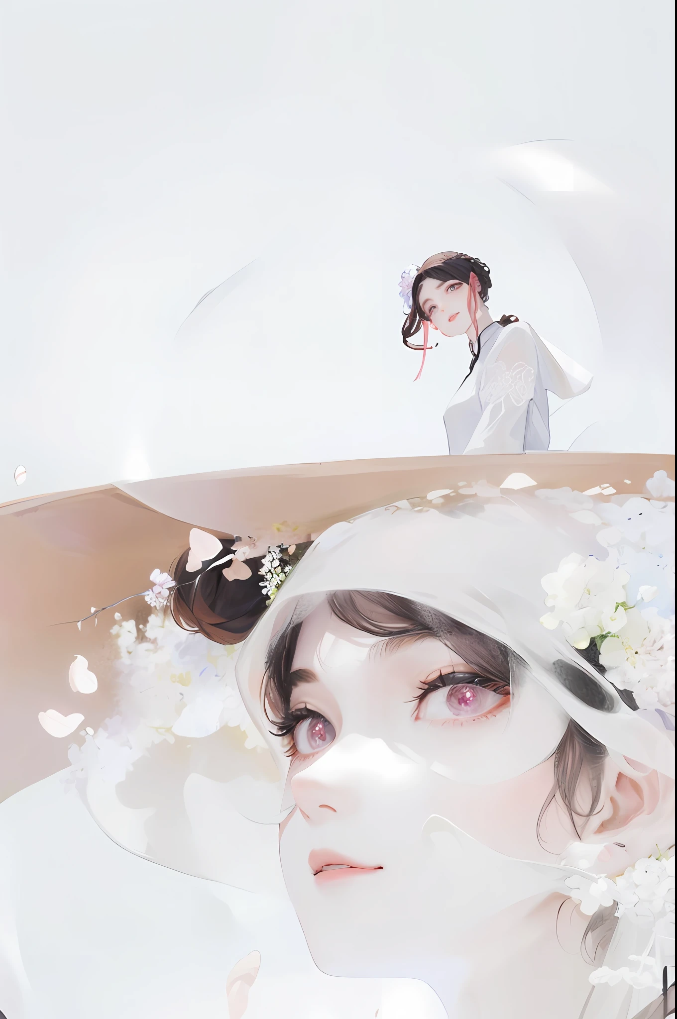 Masterpiece, best, night, full moon, 1 female, mature woman, Chinese style, ancient China, elder sister, royal sister, smile, dark brown hair, dark hair, princess cut, braid, curly hair, double ball head, pale pink Lips, calm, intellectual, medium hair, green pupils, hairpin, hydrangea, delicate face, face close-up, hand close-up