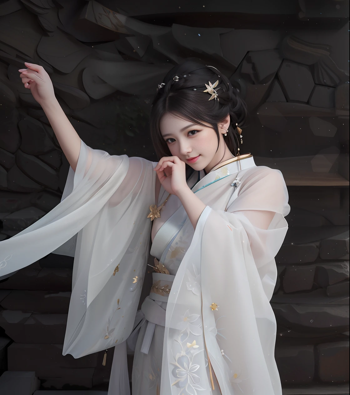 best quality, masterpiece, highres, 1girl,blush,(seductive smile:0.8),star-shaped pupils,china hanfu,hair ornament, Beautiful face,upon_body, tyndall effect,photorealistic, dark studio, rim lighting, two tone lighting,(high detailed skin:1.2), 8k uhd, dslr, soft lighting, high quality, volumetric lighting, candid, Photograph, high resolution, 4k, 8k, Bokeh,white dress