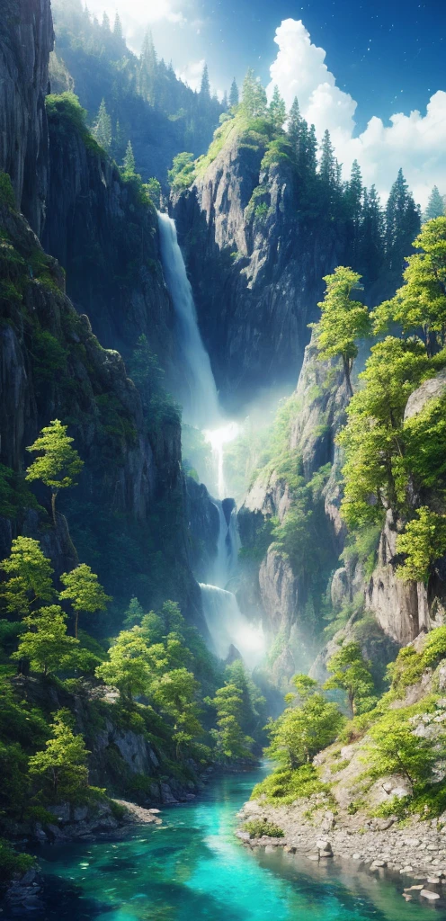 (((masterpiece))), white trees, best quality, high quality, extremely detailed CG unity 8k wallpaper, scenery, outdoors, sky, cloud, day, no people, mountain, landscape, water, tree, blue sky, waterfall, cliff, nature, lake, river, cloudy sky,award winning photography, Bokeh, Depth of Field, HDR, bloom, Chromatic Aberration ,Photorealistic,extremely detailed, trending on artstation, trending on CGsociety, Intricate, High Detail, dramatic, art by midjourney