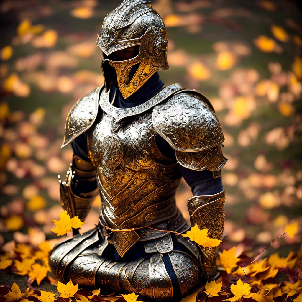 (extremely detailed, masterpiece, best quality),(high saturation, strong contrast, detailed and dynamic illumination),spartan warrior,(cross-legged meditation,muscular body,Focused face),(sword and helmet on the floor),(autumn leaves blowing past),serene ambiance,(Volumetric light and depth of field),(blurring of the edges,delicate),experience of living in the moment.