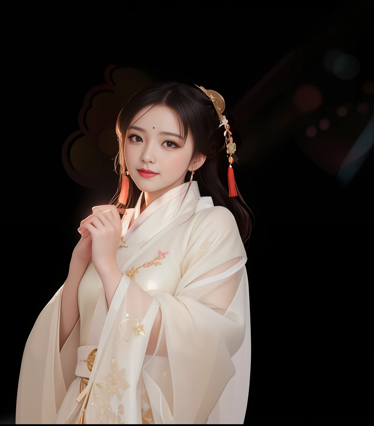 best quality, masterpiece, highres, 1girl,blush,(seductive smile:0.8),star-shaped pupils,china hanfu,hair ornament, Beautiful face,upon_body, tyndall effect,photorealistic, dark studio, rim lighting, two tone lighting,(high detailed skin:1.2), 8k uhd, dslr, soft lighting, high quality, volumetric lighting, candid, Photograph, high resolution, 4k, 8k, Bokeh,white dress