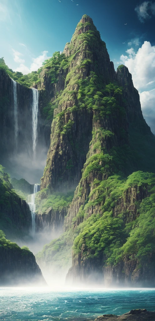 (((masterpiece))), tall waterfall, best quality, high quality, extremely detailed CG unity 8k wallpaper, scenery, outdoors, sky, cloud, day, no people, mountain, landscape, water, tree, blue sky, waterfall, cliff, nature, lake, river, cloudy sky,award winning photography, Bokeh, Depth of Field, HDR, bloom, Chromatic Aberration ,Photorealistic,extremely detailed, trending on artstation, trending on CGsociety, Intricate, High Detail, dramatic, art by midjourney