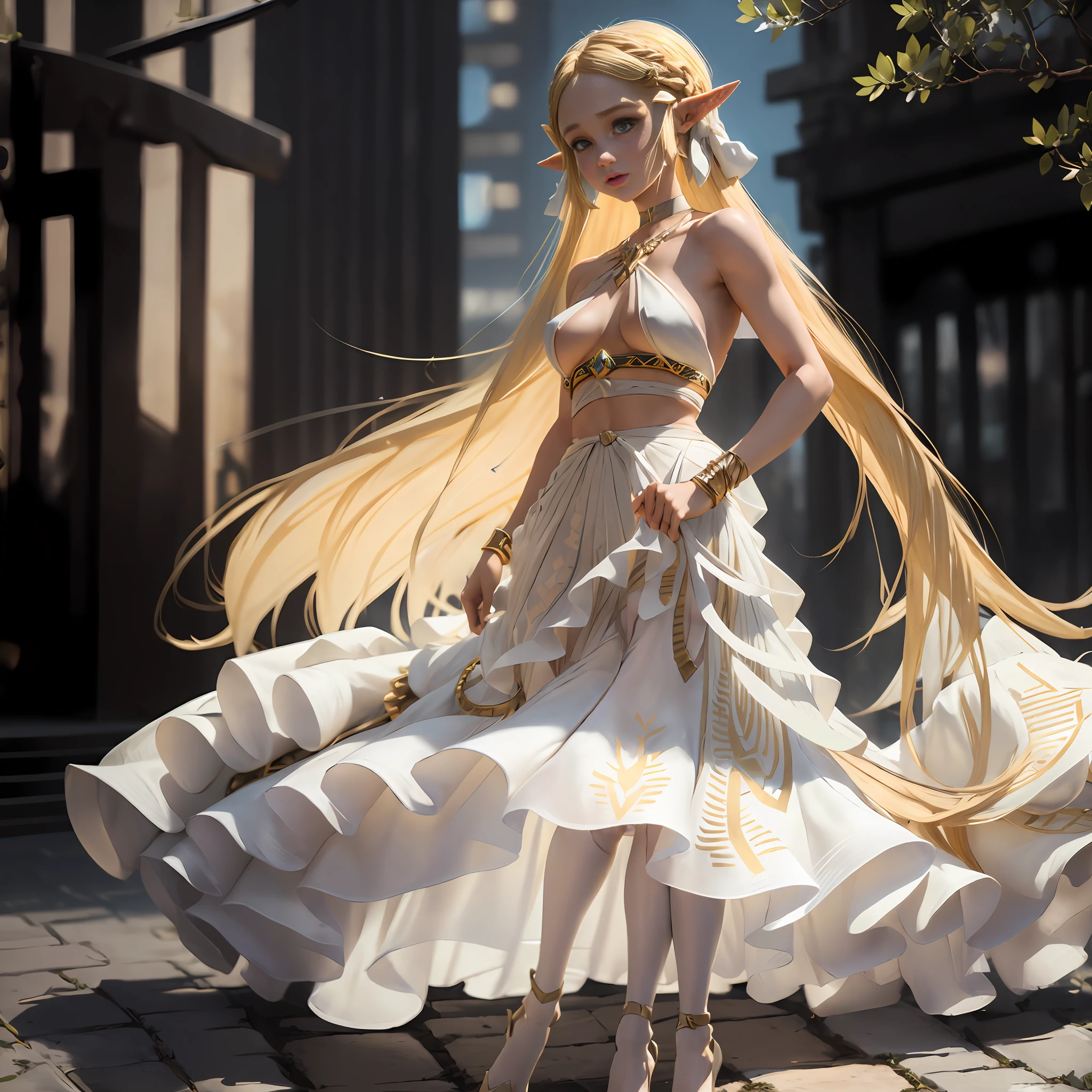 botw style, princess zelda, 1girl, bangs, blonde hair, boobs, white dress, hair ornament, bare shoulders, black_pantyhose, green eyes, jewelry, long hair, (city), outdoors, pointy ears, small boobs, solo, standing , upper body , ((masterpiece))