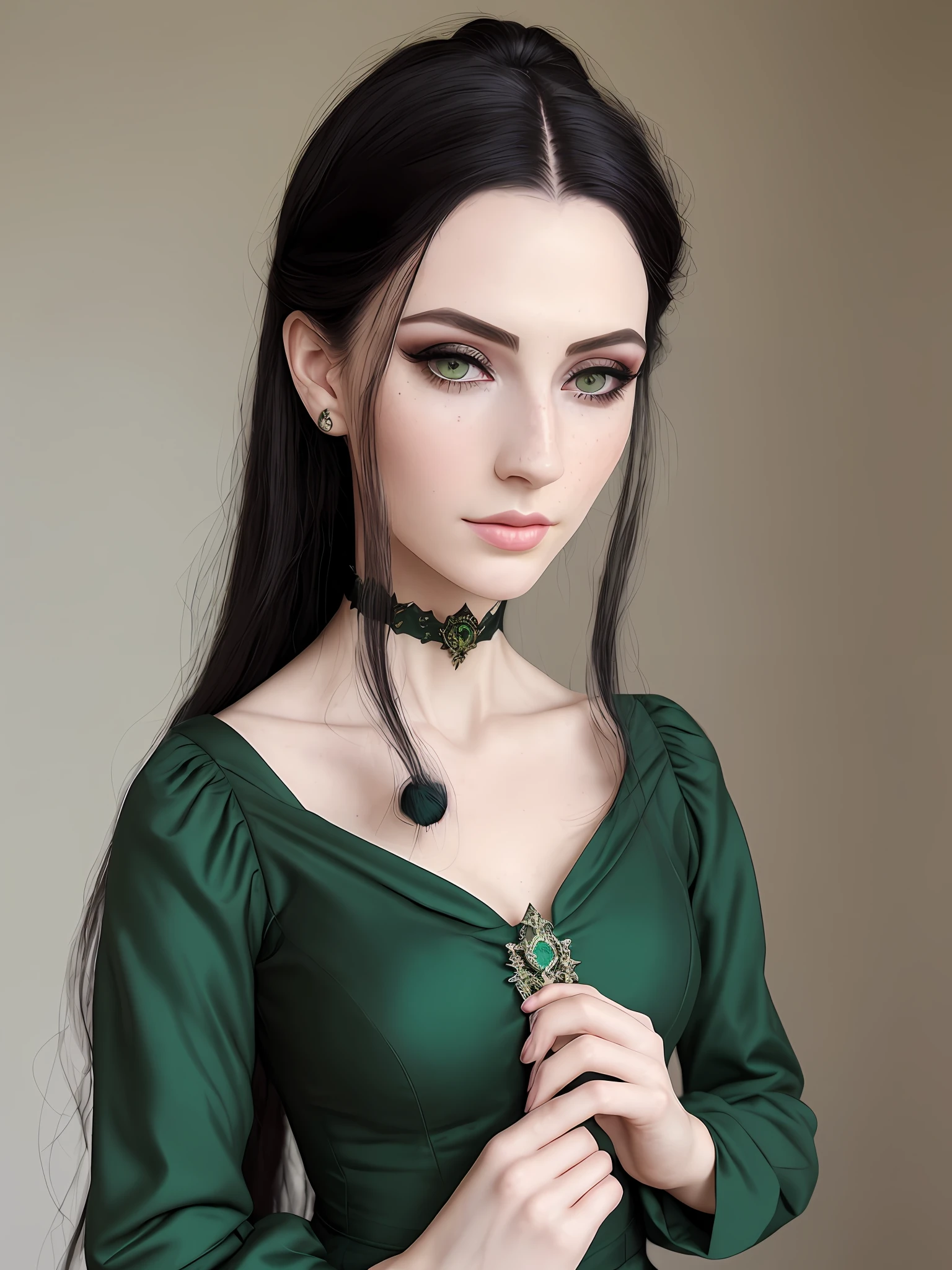 "[((masterpiece)),(best quality), ultra-detailed,][(dark black hair), (emerald green eyes), (pale skin+ freckles+ delicate nose), (light purple makeup+ eye shadow), (witch:1.2), (pretty facial features+squared chin + elegant chin+delicate jawline)]:0.9, (Medieval Greensleeve dress + V shaped cleavage),(praying hands)"