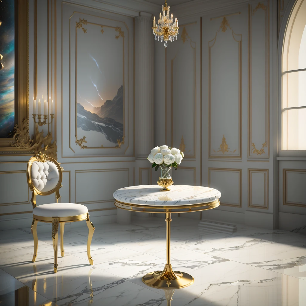 -1 there is a table with a white marble top and chairs, rendered in unreal engine 6, corona render, elegant render, rendered with unreal engine, rendered in the unreal engine, white marble and gold, rendered in unreal engine 3d, rendered in unreal engine, product render, scene render, marble room, baroque marble and gold in space, rendered in unreal engine 5 with a white woman wearing a wedding gown standing at the window