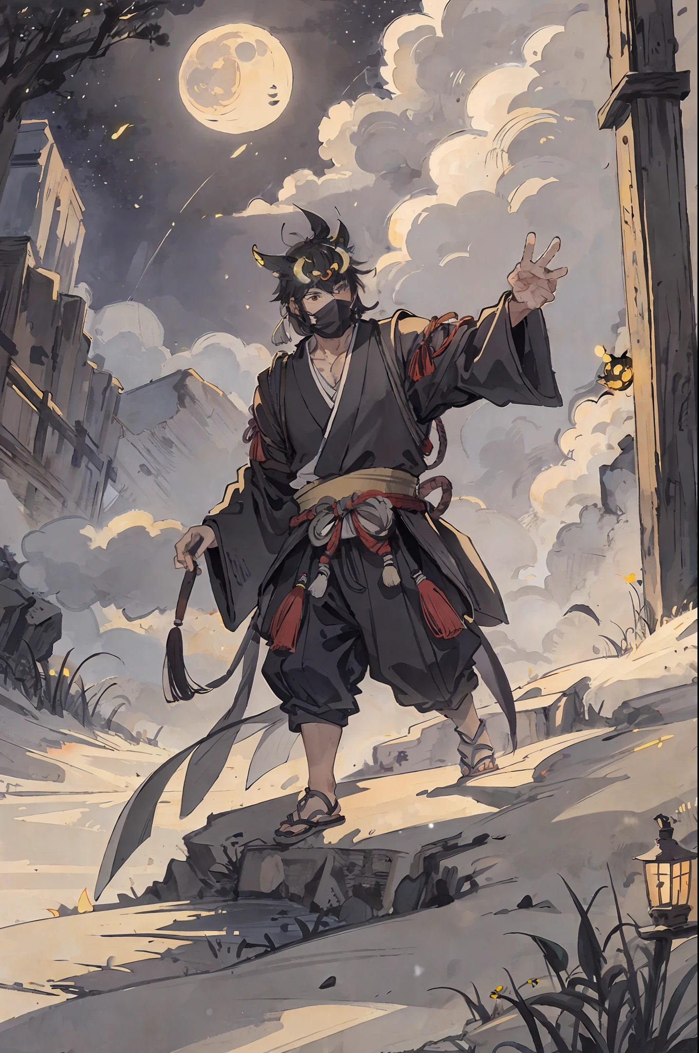 masterpiece, best quality, night, hill, clouds, full moon, very short hair, a man with big pecs, , fireflies.ancient style, samurai mask,