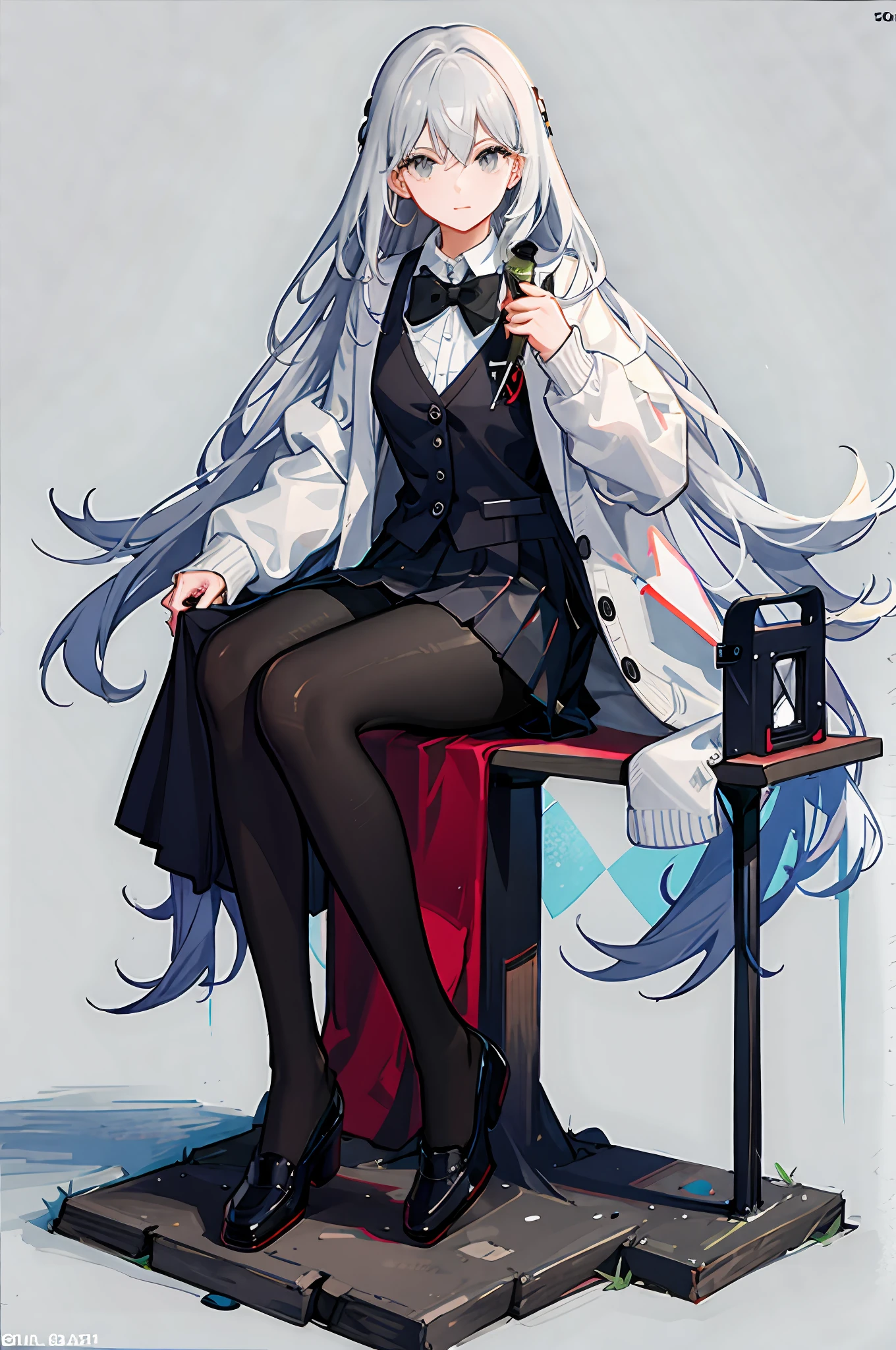 [(white background:1.4):: 5], tachi-e, (illustration:1.1), (best quality), (masterpiece), 1girl, finely detailed, highres, silver hair, long hair, hair between eyes, grey eyes, open cardigan, (white cardigan), black miniskirt, pleated skirt, (black pantyhose), black loafer, black bowtie, looking at viewer, sitting, bench, street, city, detailed round background, pigeon, fountain,