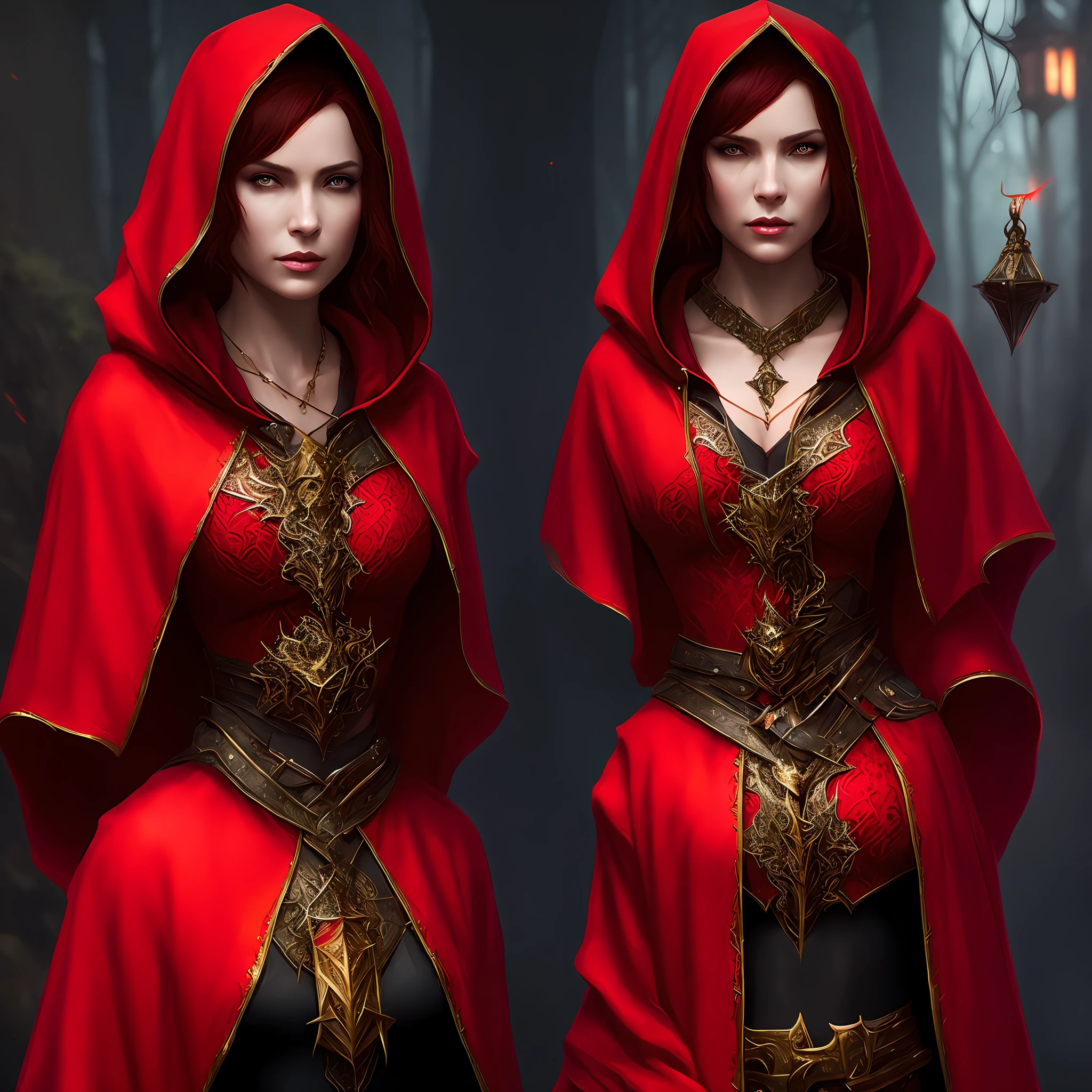 one sorceress, red hoodie, red short hair, stern, full length portrait, D&D, intricate, fantasy, high detail, digital painting, artstation, concept art, smooth, hard focus, illustration