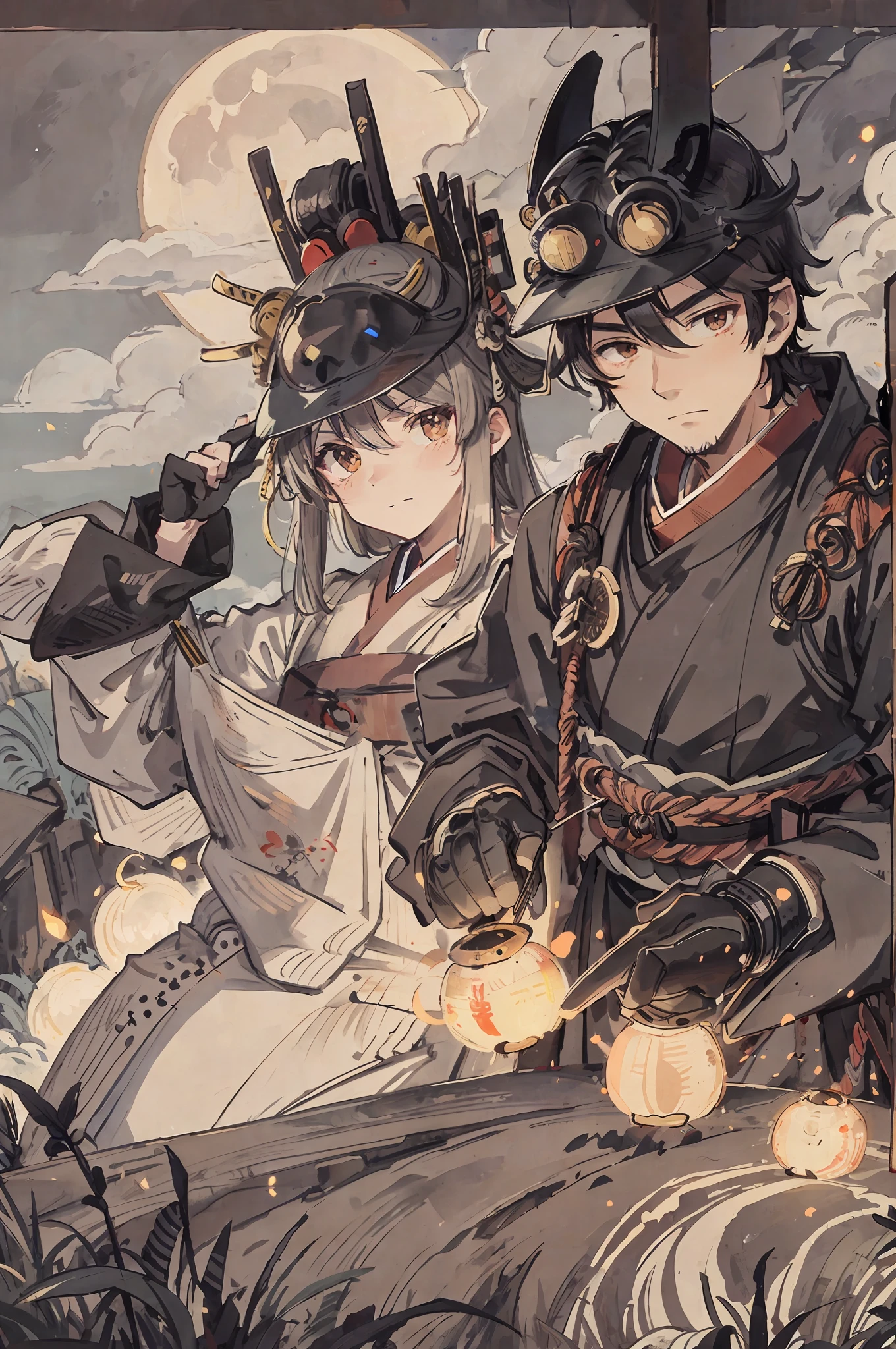 masterpiece, best quality, night, hill, clouds, full moon, samurai armor, a man with big pecs, , fireflies.ancient style, samurai mask, samurai helmet, brown eyes, in love