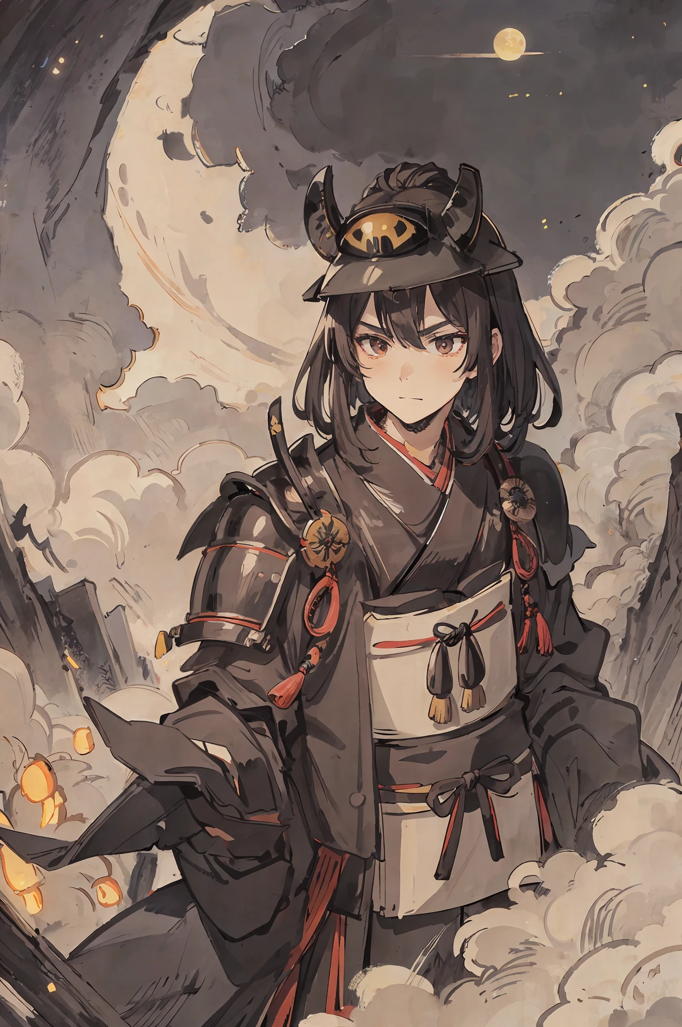 masterpiece, best quality, night, hill, clouds, full moon, samurai armor, a man with big pecs, , fireflies.ancient style, samurai mask, samurai helmet, brown eyes, short hair