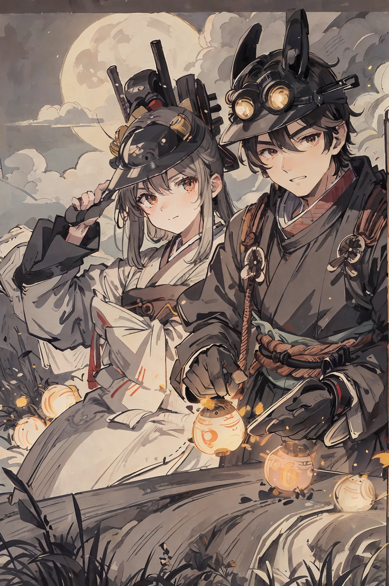 masterpiece, best quality, night, hill, clouds, full moon, samurai armor, a man with big pecs, , fireflies.ancient style, samurai mask, samurai helmet, brown eyes, in love