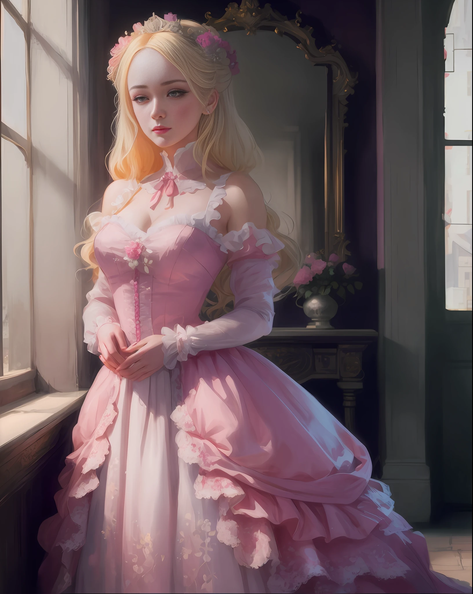 there is a woman in a pink dress standing by a window, artwork in the style of guweiz, in the art style of bowater, beautiful character painting, princess portrait, anime princess, rococo queen, guweiz on pixiv artstation, guweiz on artstation pixiv, blonde - haired princess, gorgeous digital painting, rococo cyberpunk
