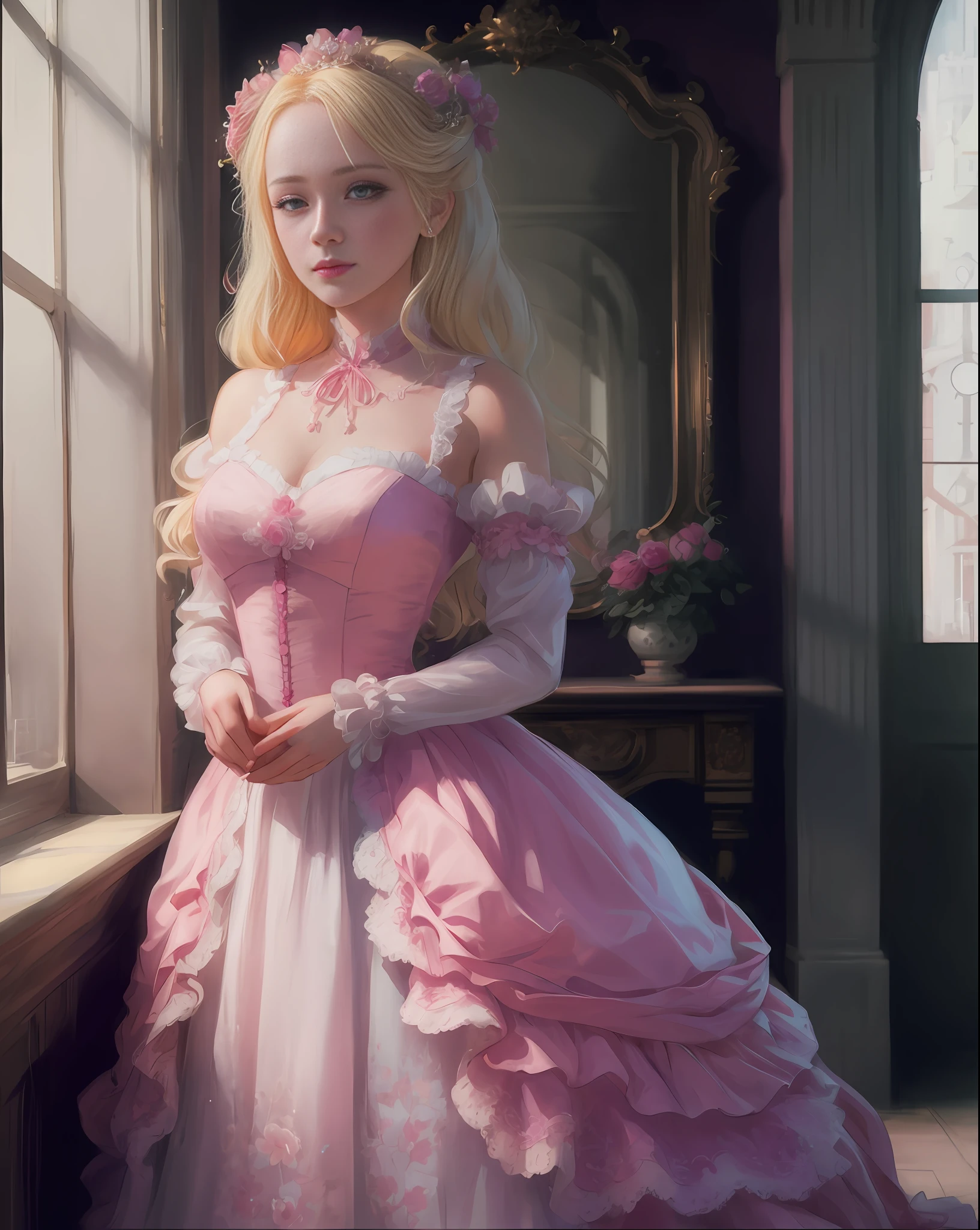there is a woman in a pink dress standing by a window, artwork in the style of guweiz, in the art style of bowater, beautiful character painting, princess portrait, anime princess, rococo queen, guweiz on pixiv artstation, guweiz on artstation pixiv, blonde - haired princess, gorgeous digital painting, rococo cyberpunk