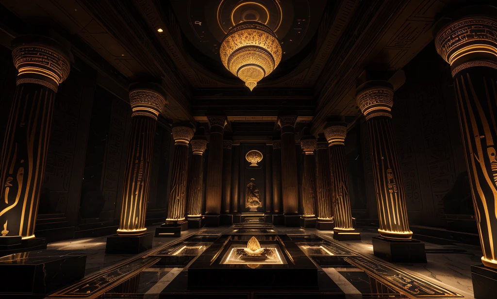 incredible black luxurious futuristic interior in Ancient Egyptian style with lotus flowers, palm trees, hieroglyphics, rocky walls, sand, marble, precious minerals, metals, gemstones, crystals, clouds and water, crocodiles, ultra luxury, black marble – with beautiful lights, Unreal Engine, HQ, 16k