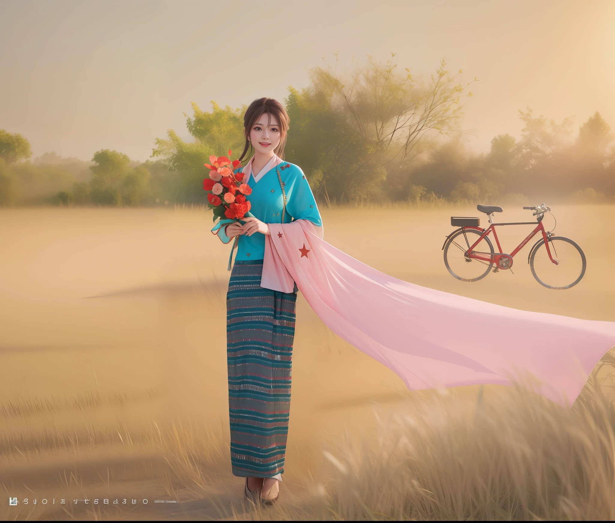 best quality, masterpiece, highres, 1girl,blush,(seductive smile:0.8),star-shaped pupils, Beautiful face,upon_body, tyndall effect,photorealistic, dark studio, rim lighting, two tone lighting,(high detailed skin:1.2), 8k uhd, dslr, soft lighting, high quality, volumetric lighting, candid, Photograph, high resolution, 4k, 8k, Bokeh,red bicycle,soft fabric