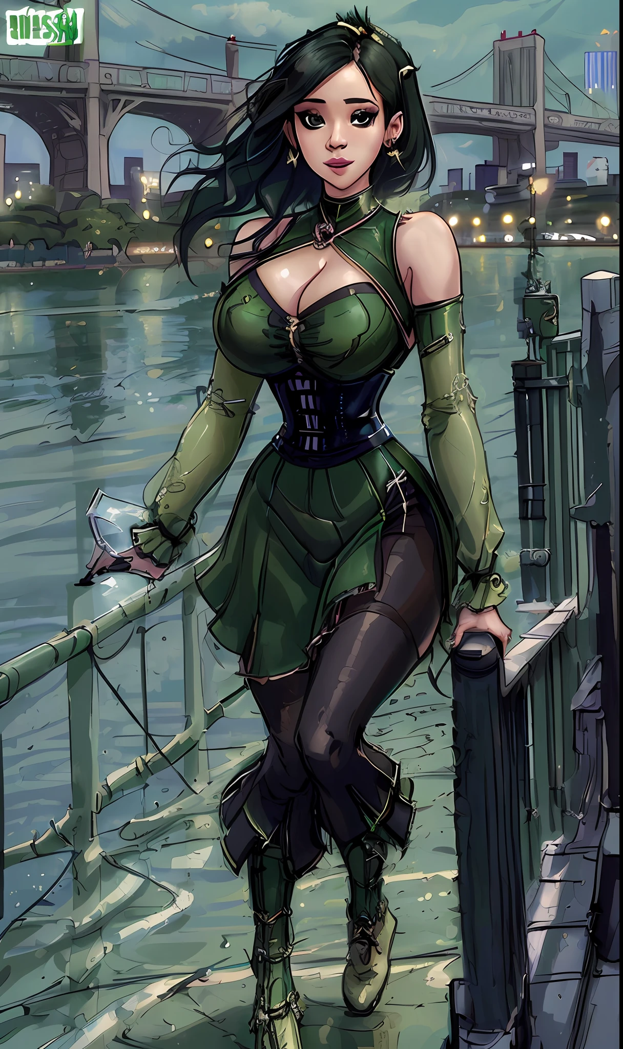 a woman in a green dress walking across a bridge, an album cover, instagram, cardi b, very tight corset, photo 1 5 mm, see - through, detailed with high quality, army, seams, kylie jenner, nyc, detailed dress, with black, summer evening, monalisa, dress, detailed af