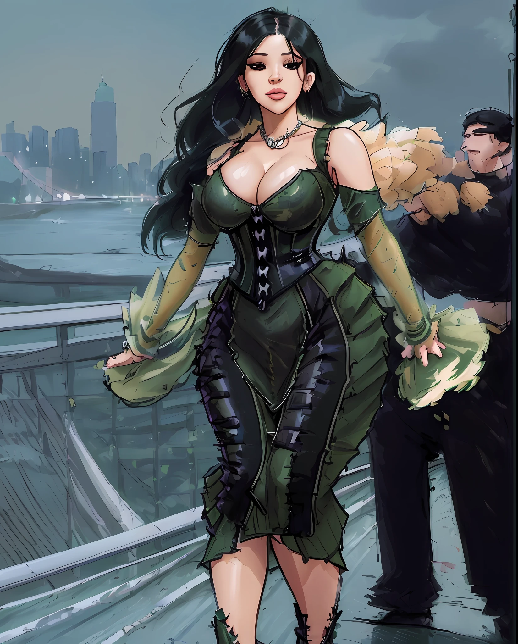 a woman in a green dress walking across a bridge, an album cover, instagram, cardi b, very tight corset, photo 1 5 mm, see - through, detailed with high quality, army, seams, kylie jenner, nyc, detailed dress, with black, summer evening, monalisa, dress, detailed af