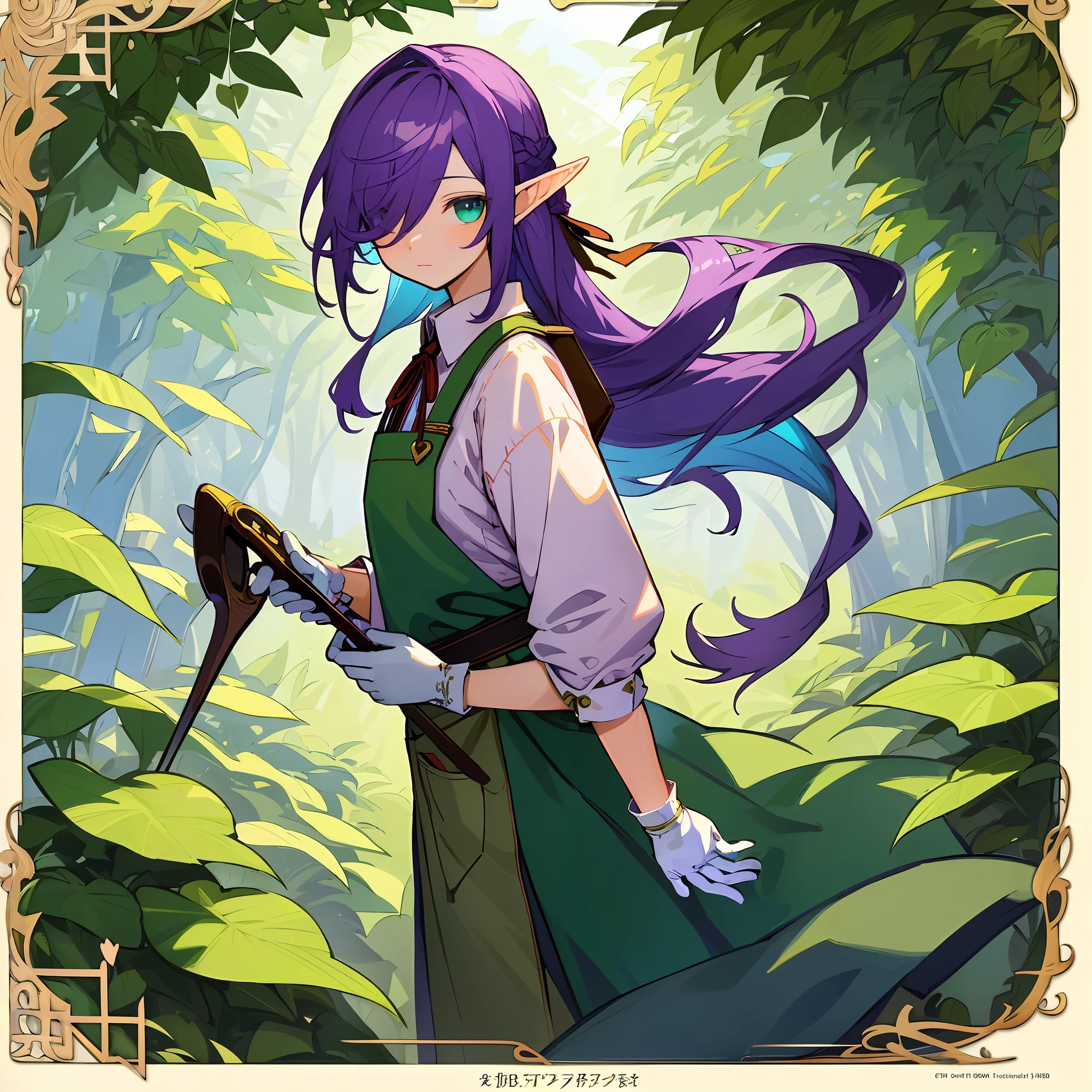 anime - style illustration of a woman with purple hair and a sword, portrait of a forest mage, official art, official character art, crisp clear rpg portrait, elf girl, cushart krenz key art feminine, a maid in a magical forest, anime lush john 8k woods, portrait of a young elf wizard, a portrait of an elf, alchemist girl, Highest picture quality),(Master's work),(ultra-detailed),(Detailed eye description:1.0),(lens flare:1.0),(movie poster:1.0),otokonoko, femboy, elf, 1boy, druid, masterpiece, colorful, heartshaped leafs, vines, purple hair, violet hair, maroon hair, (linen shirt, work pants,) shears, green apron, teal eyes, long hair, medium hair, attractive, garden, hedge, flowers, druid, hair ribbon, hair over one eye, (extremely detailed CG unity 8k wallpaper), (masterpiece), (best quality), (ultra-detailed), (best illustration),solo focus, gardener, garden gloves,colored inner hair, anime face