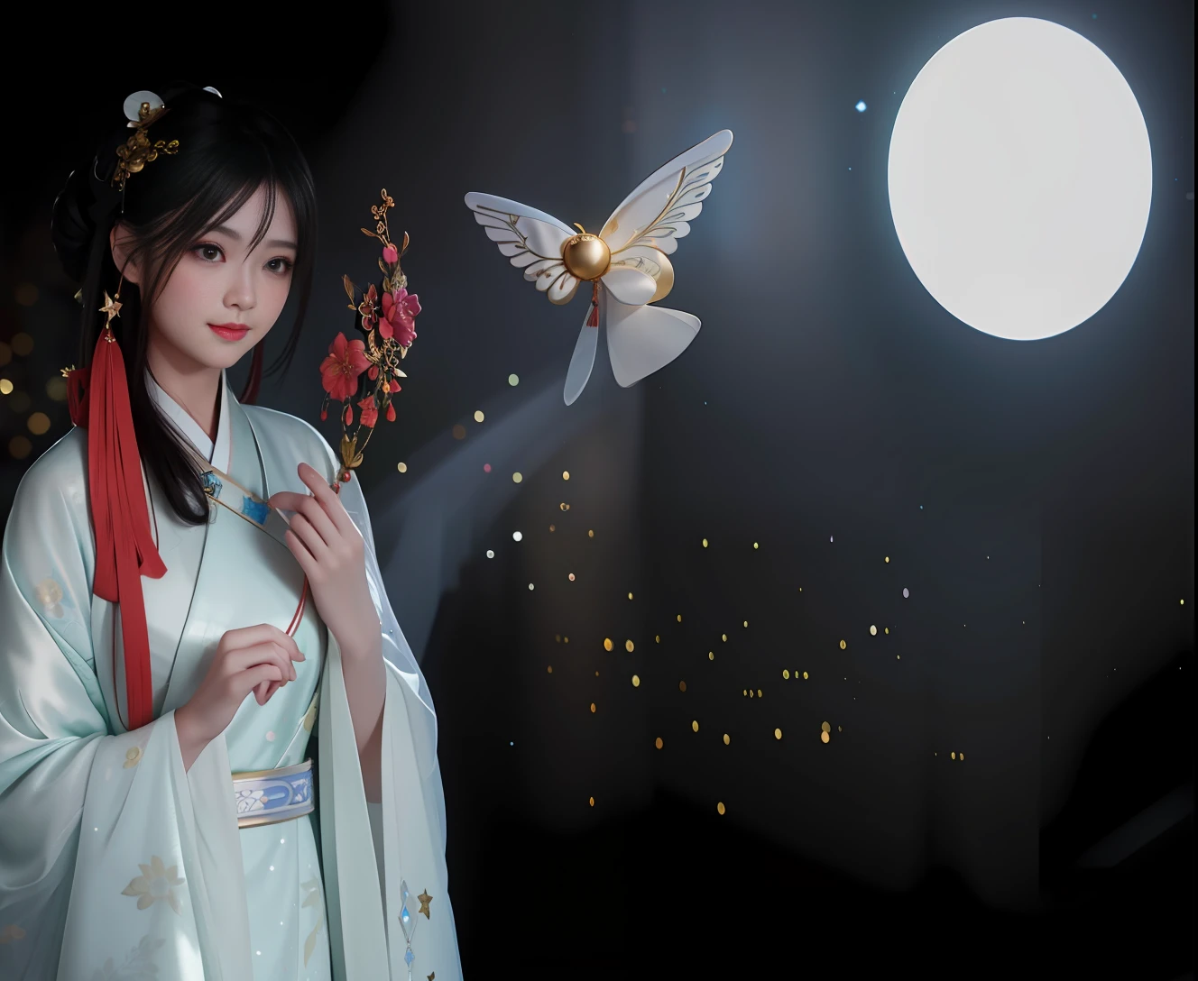 best quality, masterpiece, highres, 1girl,blush,(seductive smile:0.8),star-shaped pupils,china hanfu,hair ornament, Beautiful face,upon_body, tyndall effect,photorealistic, dark studio, rim lighting, two tone lighting,(high detailed skin:1.2), 8k uhd, dslr, soft lighting, high quality, volumetric lighting, candid, Photograph, high resolution, 4k, 8k, Bokeh,white dress