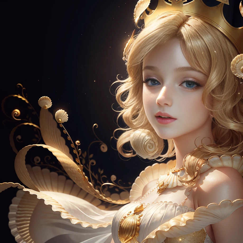 masterpiece, highest quality, solo focus, (perfect face:1.1) , (high detail:1.1), (dramatic, 1.5), 1 muscular female:1.3, (blonde curled hair:1.2), (gold jewelry), (scallop shell crown:1.3),  (dresses in simple white gown), (limned in bright light), hyper detailed, digital art, studio quality, smooth render, unreal engine 5 render, octane render, 8K, particle effects,