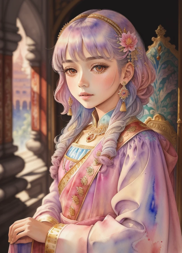(masterpiece),(best quality:1.1),(ultra-detailed),best illustration,finely detail,(watercolor drawings:1.3),(hand-painted:1.3),light colors,low contras,bust body,(Portrait),(extremely close-up),little girl,(cute),(wearing Indian national costume:1.4),(The dress was decorated with jewels and crystals), big pink eyes,looking at viewer,Slightly open lips,(inely detailed beautiful face),(hands hidden in the sleeves),(Watercolor brush hair),(In the magnificent palace),梦幻,(detailed background:1.2),(colored background:1.1), High Resolution,高度逼真和详细的绘画