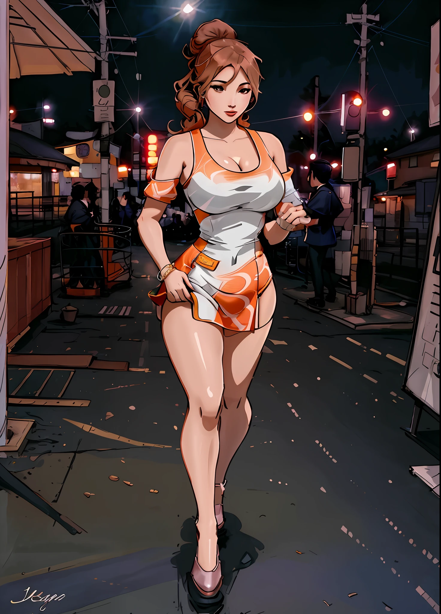 a woman in a dress walking down a street, flowing salmon-colored silk, bun ), usa-sep 20, night life, j - lo, full body pictures, bamboo, swirls, female figure in maxi dress, flattering photo, skintight dress, gray, olivia, covered, with a ponytail, gorgeous female, side - view