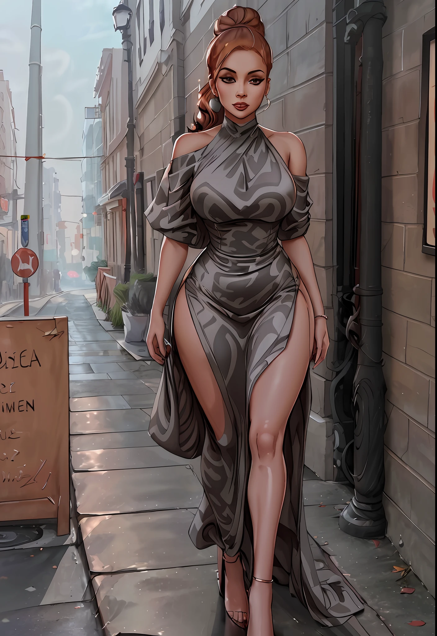 a woman in a dress walking down a street, kylie jenner, flowing salmon-colored silk, bun ), usa-sep 20, night life, j - lo, full body pictures, bamboo, swirls, female figure in maxi dress, flattering photo, skintight dress, gray, olivia, covered, with a ponytail, gorgeous female, side - view