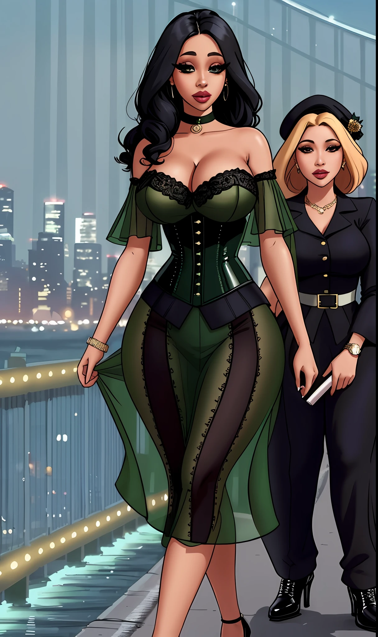 a woman in a green dress walking across a bridge, an album cover, instagram, cardi b, very tight corset, photo 1 5 mm, see - through, detailed with high quality, army, seams, nyc, detailed dress, with black, summer evening, monalisa, dress, detailed af