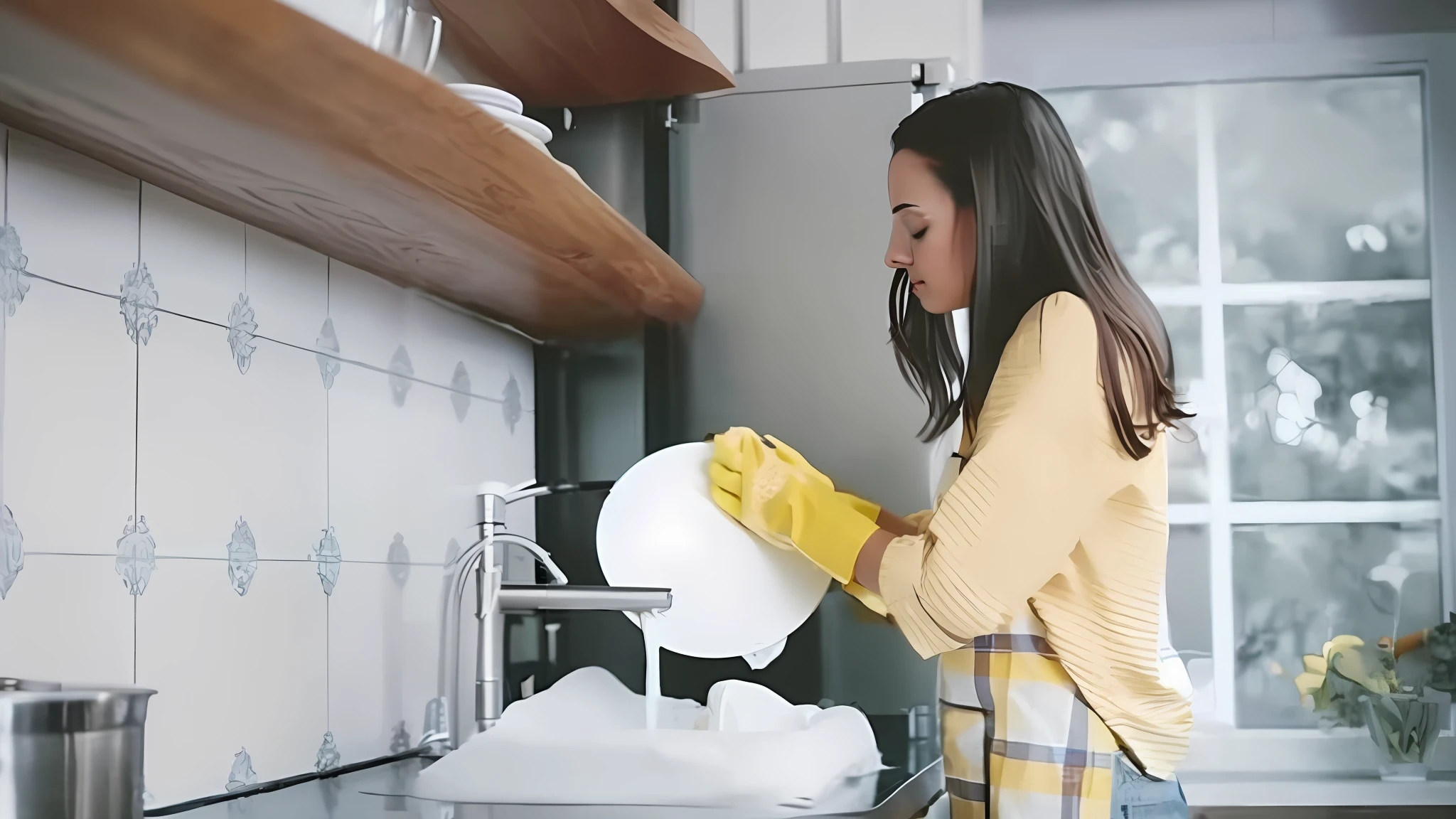 Woman in yellow shirt and yellow gloves washes dishes in the kitchen, smooth and clean surface, home, cleaning, very clean, instagram post, very clear picture, photo, beautiful image, in the kitchen, masterpiece, real, photography, concentrated,