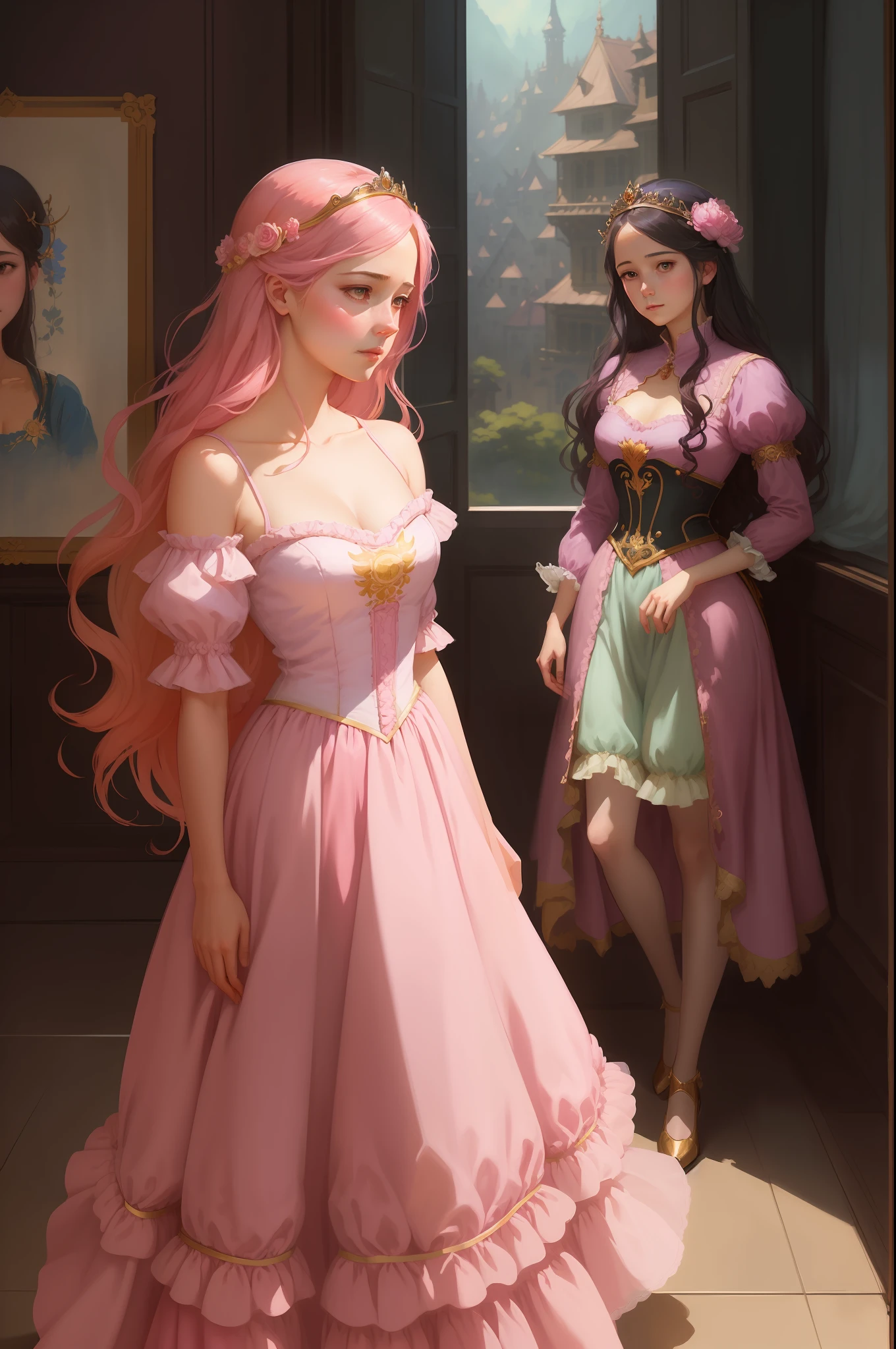 there is a woman in a pink dress standing by a window, a character portrait inspired by Magali Villeneuve, cgsociety contest winner, fantasy art, artwork in the style of guweiz, in the art style of bowater, beautiful character painting, princess portrait, anime princess, rococo queen, guweiz on pixiv artstation