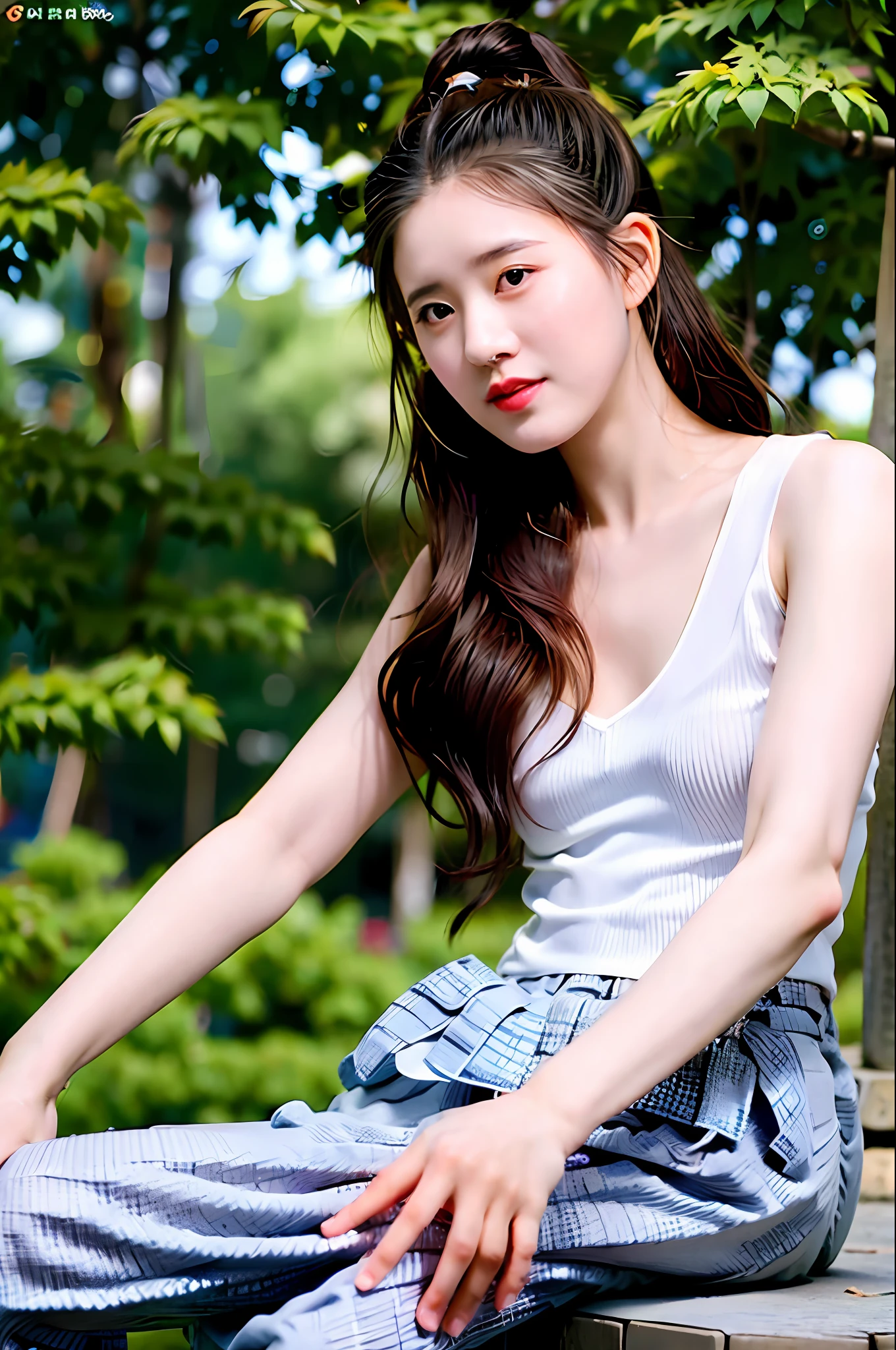 Masterpiece, best, 1girl, aqua eyes, black hair, shut up, colorful background, looking at viewer, outdoor, solo, upper body, voluptuous, clean, beauty, pure face, pale skin, sexy pose, gym suit, big tits, exposed Navel, ponytail, perfect female body, mature women, mature women, narrow waist, Chinese goddess, Ju Jingyi, Zhao Lusi, Liu Yifei.