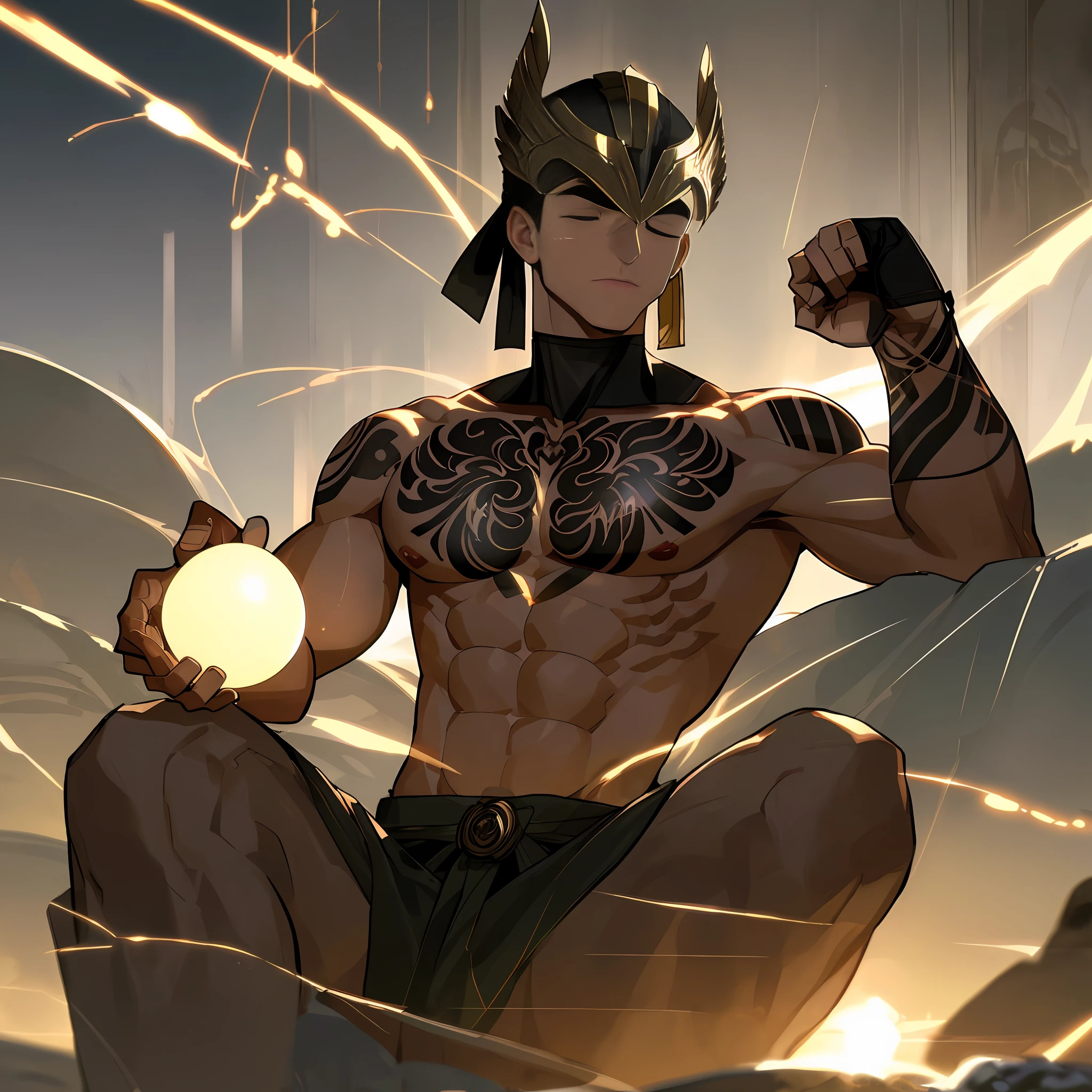 "28-year-old male, Eastern European facial features, 85kg, muscular, defined physique, central position, cross-legged meditation pose, shaved head, closed eyes, neutral facial expression, Spartan tattoo, right pectoral muscle, glowing sphere or radiant light, above head, brightest object, fine details, muscle lines, tattoo depth, facial features definition."