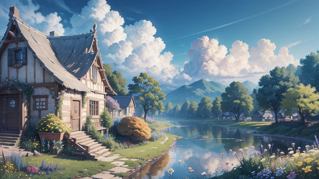 Masterpiece, best quality, (very detailed CG unity 8k wallpaper) (best quality), (best illustration), anime, village, flowers, blue sky, --v6