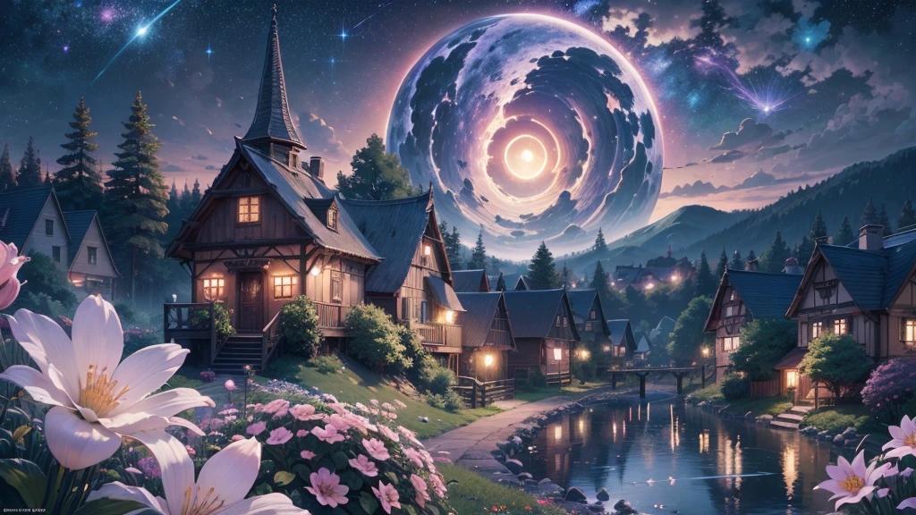 Masterpiece, best quality, (very detailed CG unity 8k wallpaper) (best quality), (best illustration), anime, village, flowers, starry sky, night, glow --v6