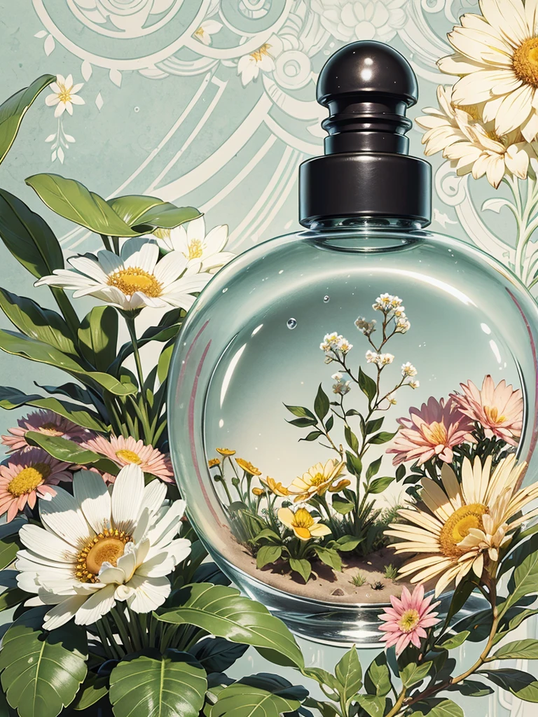 Product photography of a perfume bottle arranged with plants and flowers, realistic, light background, realistic rendering --v 6