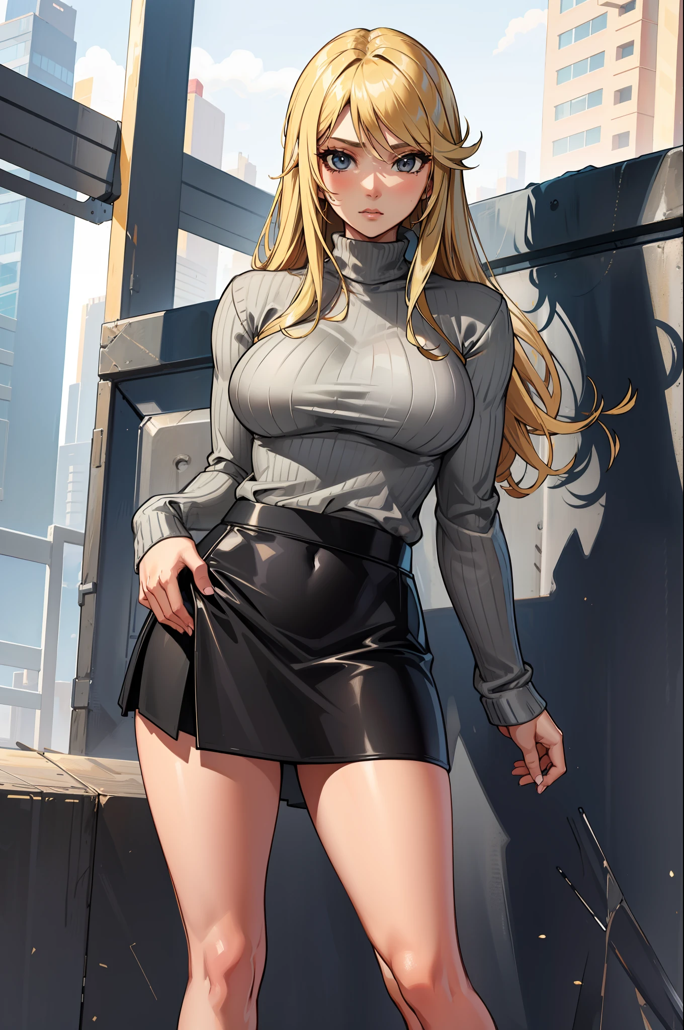 masterpiece, best quality, agrias, grey sweater, black skirt, standing, looking at viewer, blonde hair