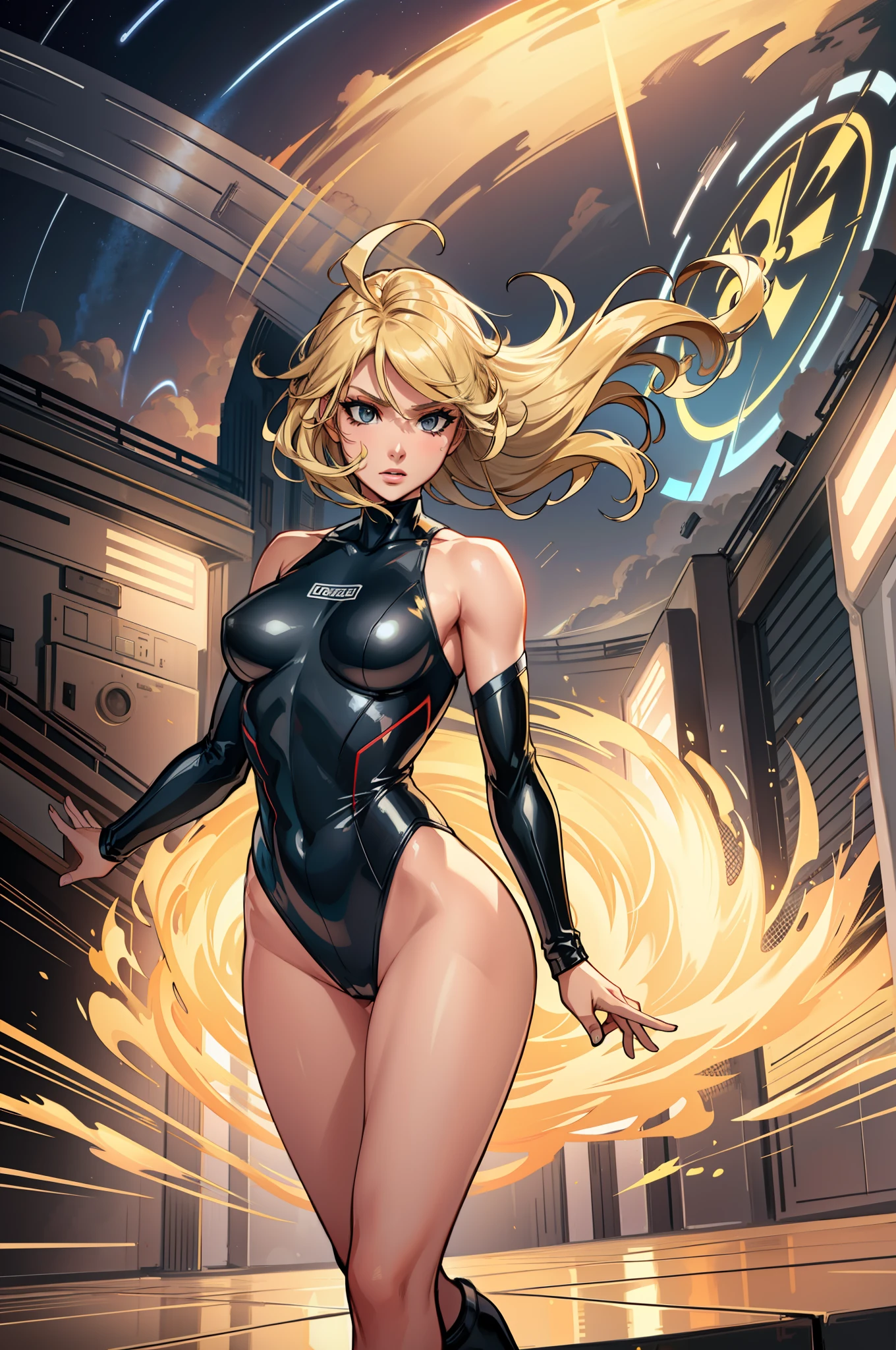 masterpiece, best quality, agrias, grey sweater, black leotard, twirl, spin, blonde hair, superhero, boots, tornado, whirlwind, solo, bare legs, whirl, wind effects, spinning into a tornado, fast spin, stand, time travel, travelling through time, highleg, perfect hands, perfect fingers, highleg leotard, powering up, tornado swirls