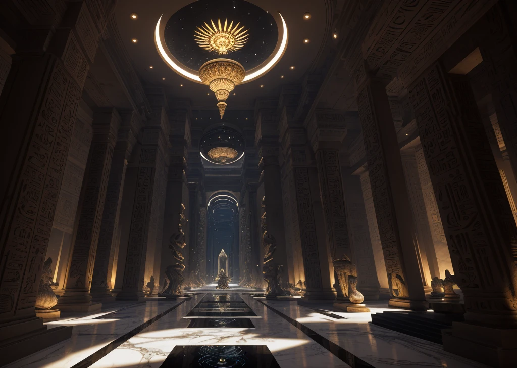 award-winning shot of an incredible luxurious futuristic interior in Ancient Egyptian style in white and black, with lotus flowers, palm trees, hieroglyphics, rocky walls, sand, marble, precious minerals, metals, gemstones, crystals, clouds and water, crocodiles, ultra luxury, black marble, cyberpunk, cinematic, epic, – with beautiful lights, Unreal Engine, HQ, 16k