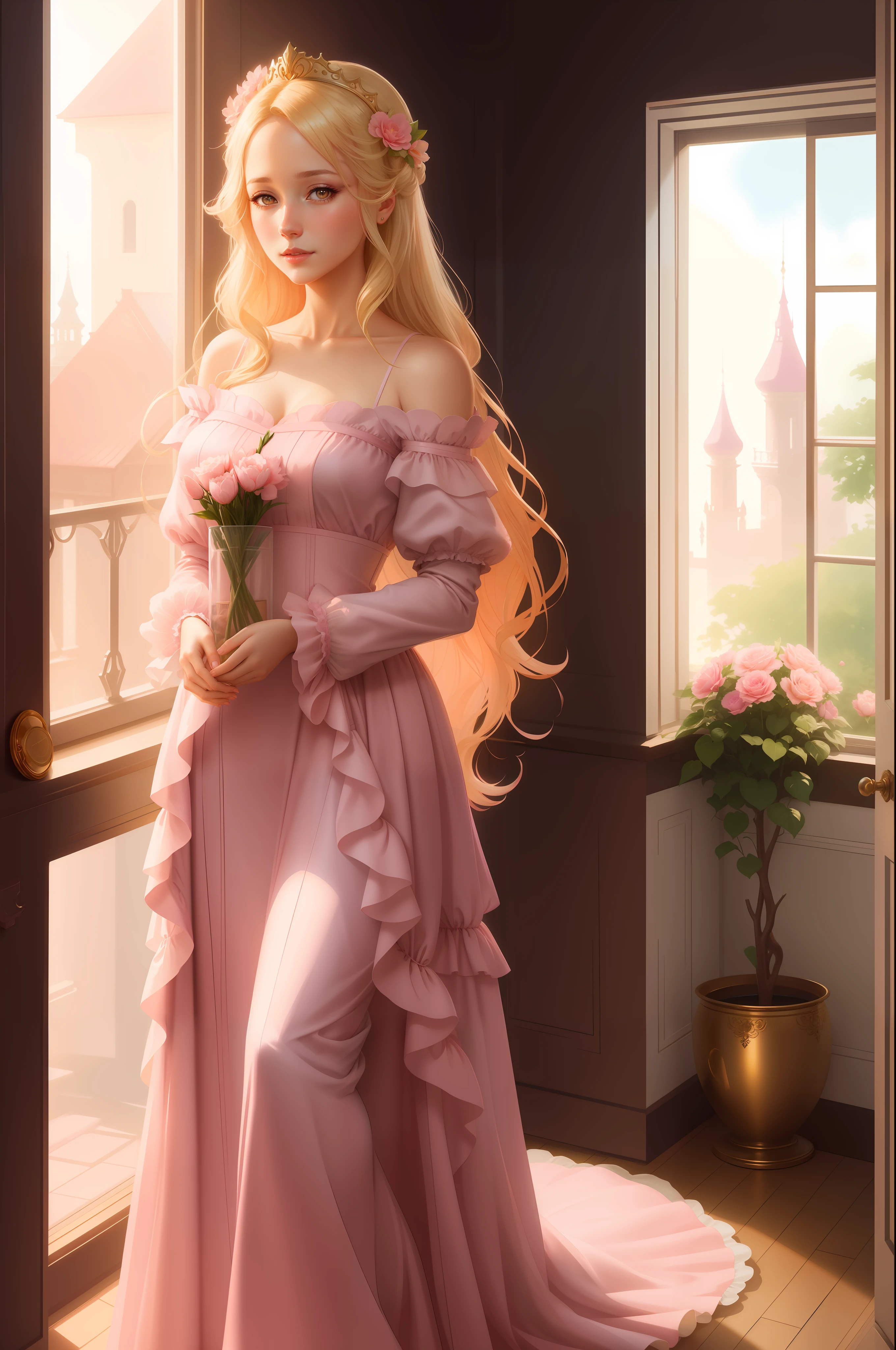 there is a woman in a pink dress standing by a window, a character portrait inspired by Magali Villeneuve, cgsociety contest winner, fantasy art, artwork in the style of guweiz, in the art style of bowater, beautiful character painting, princess portrait, anime princess, rococo queen, guweiz on pixiv artstation,Blonde woman, woman in a room, vase of pink flowers,Sweet woman, pure woman, innocent look,