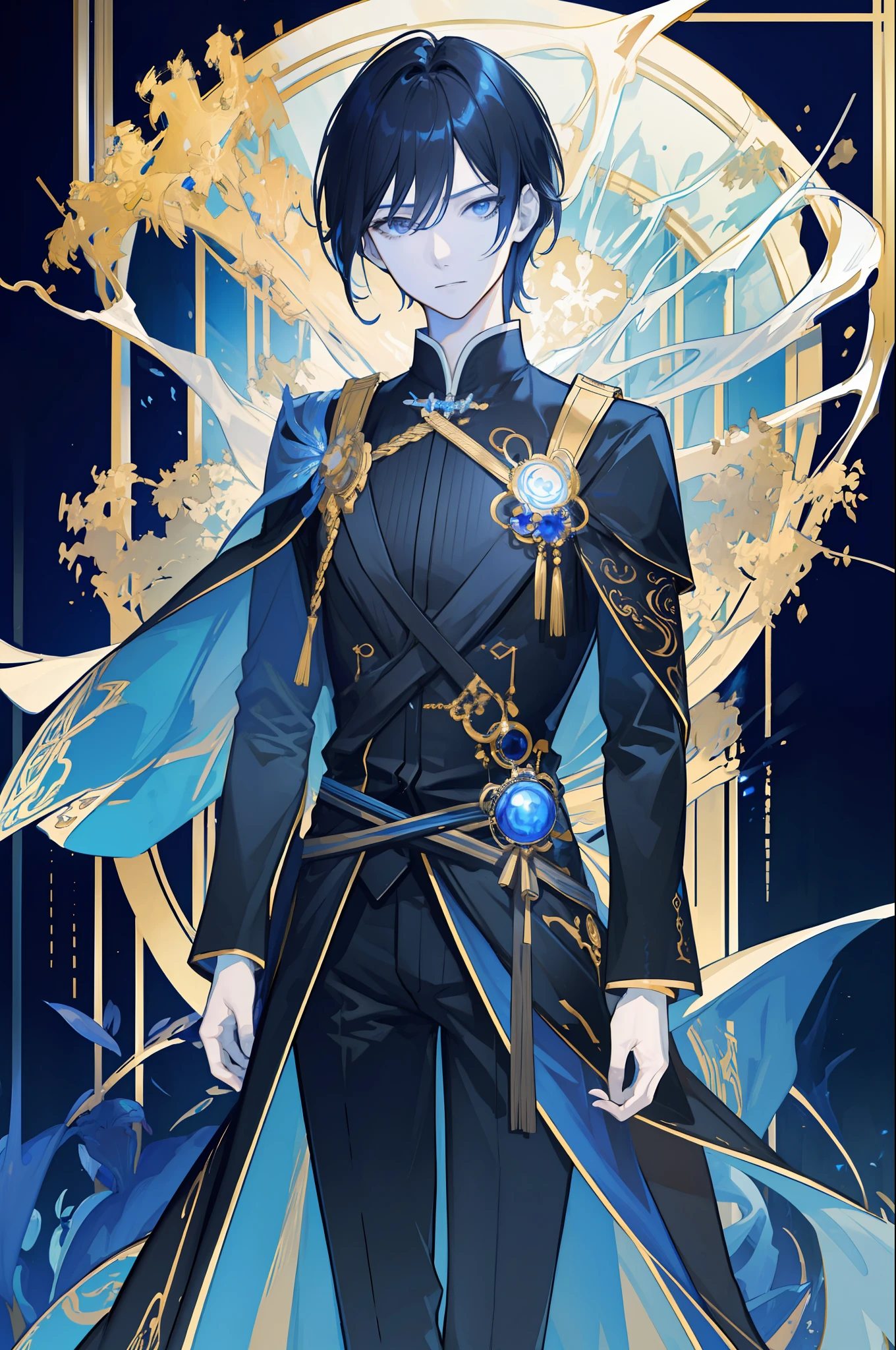 masterpiece, best quality, 1 male, adult, handsome, tall muscular guy, broad shoulders, finely detailed eyes and detailed face, extremely detailed CG unity 8k wallpaper, intricate details, intricate details, long beige hair, wizard, commandant, night, magic effect, flame, top view, from below, depth of field